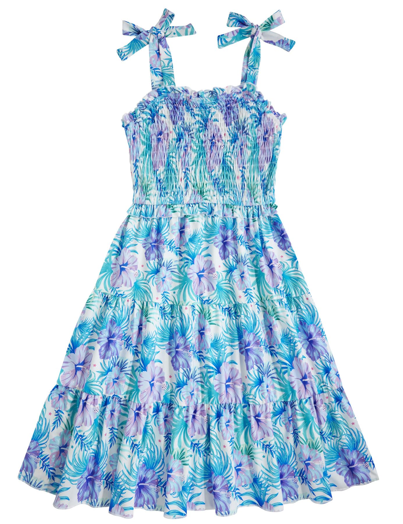 Kids4ever Girls Spaghetti Strap Dress 6-12Y Kids Sleeveless Cami Dresses Summer Beach Smocked Tiered Sundress with Pockets