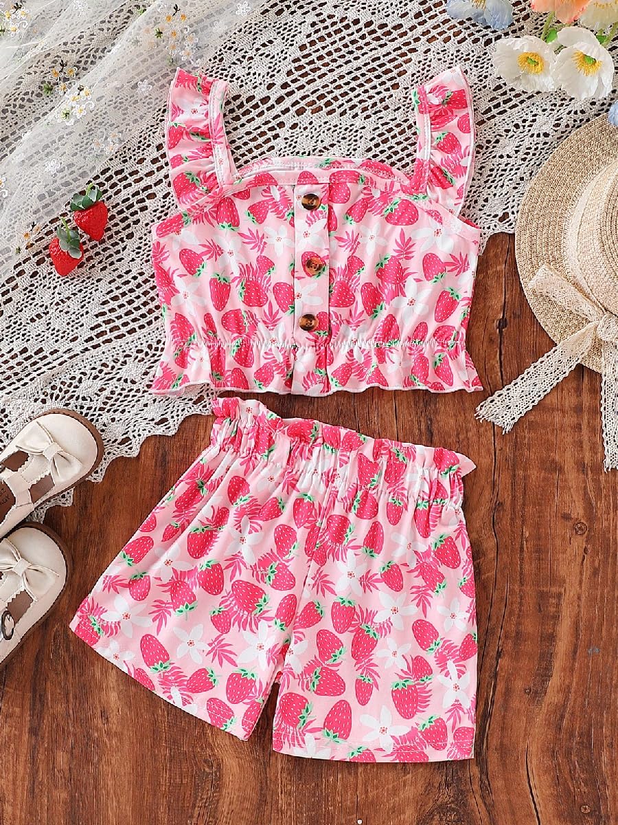 Kids Toddler Girls Summer Clothes Button Design Striped Tank Top + Floral-Print Elastic Shorts 2 Piece