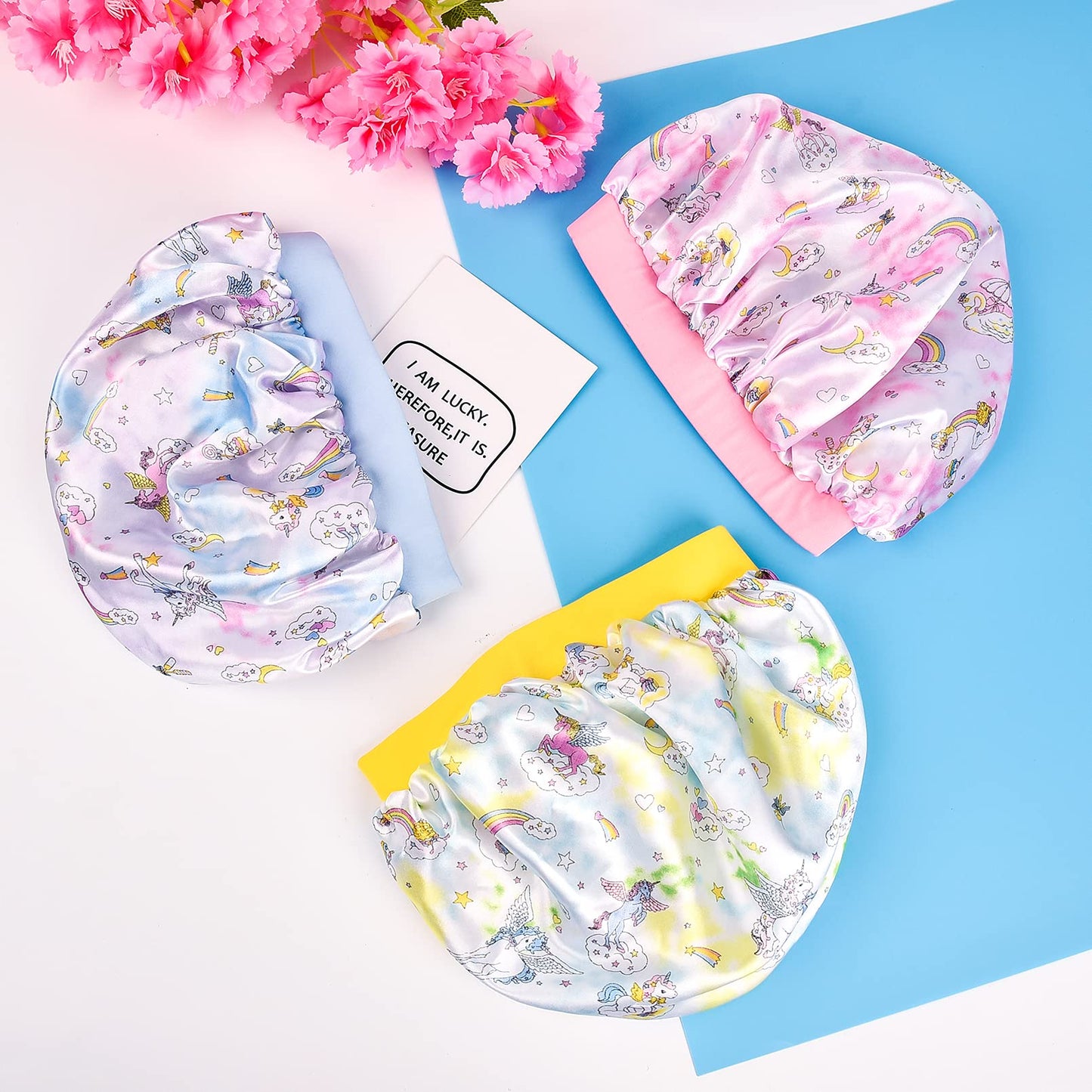 3 Pieces Kids Satin Bonnet Dinosaur Wide Elastic Band Sleeping Cap Soft Silk Double Layer Night Hair Hats for Teens Toddler Child Baby