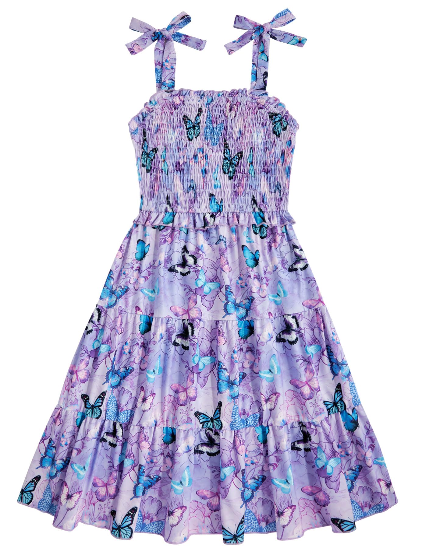 Kids4ever Girls Spaghetti Strap Dress 6-12Y Kids Sleeveless Cami Dresses Summer Beach Smocked Tiered Sundress with Pockets