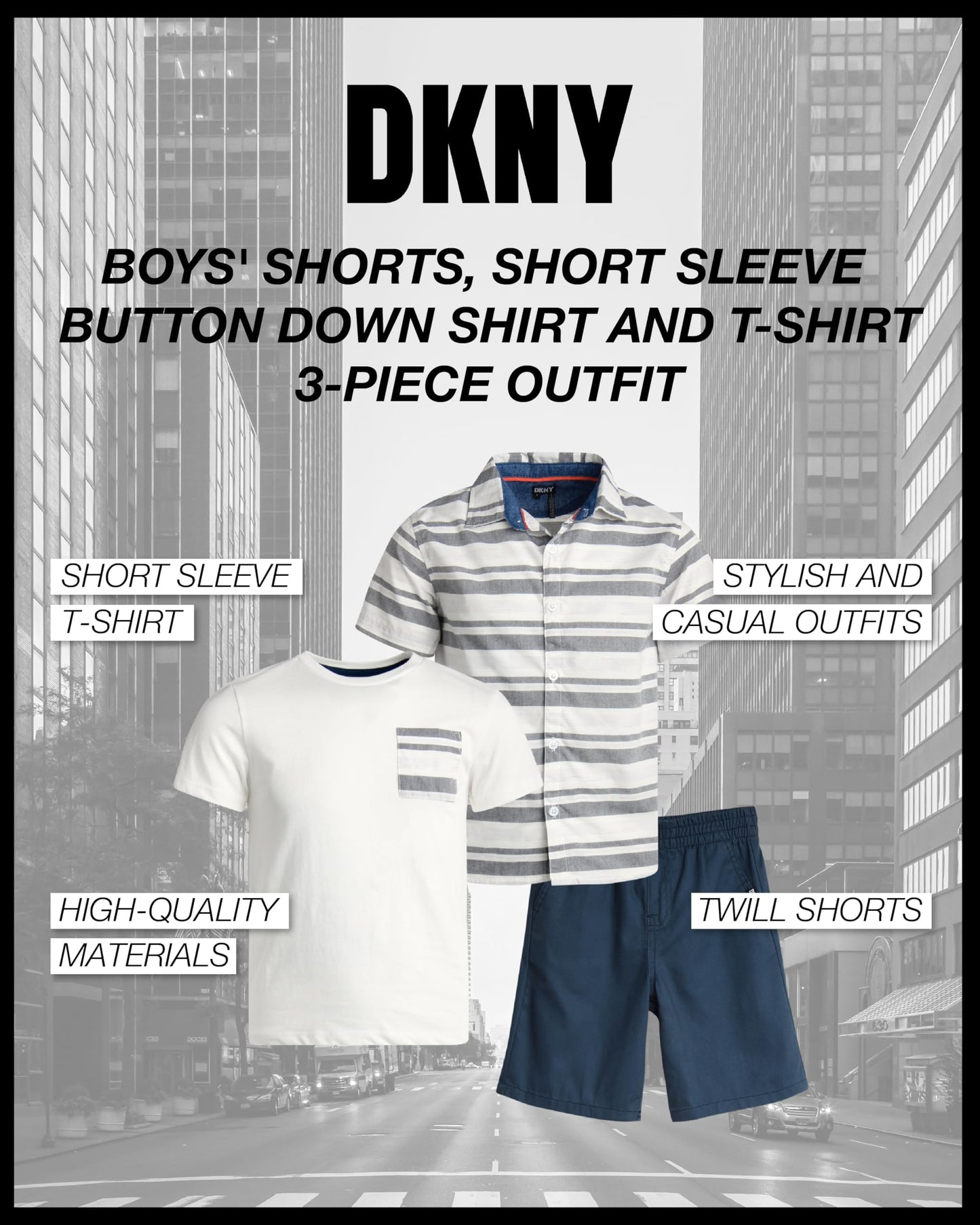 DKNY Boys' Short Set - 3 Piece Short Sleeve Button Down Shirt, Crew Neck T-Shirt, and Twill Shorts for Boys (Sizes: 2T-7)