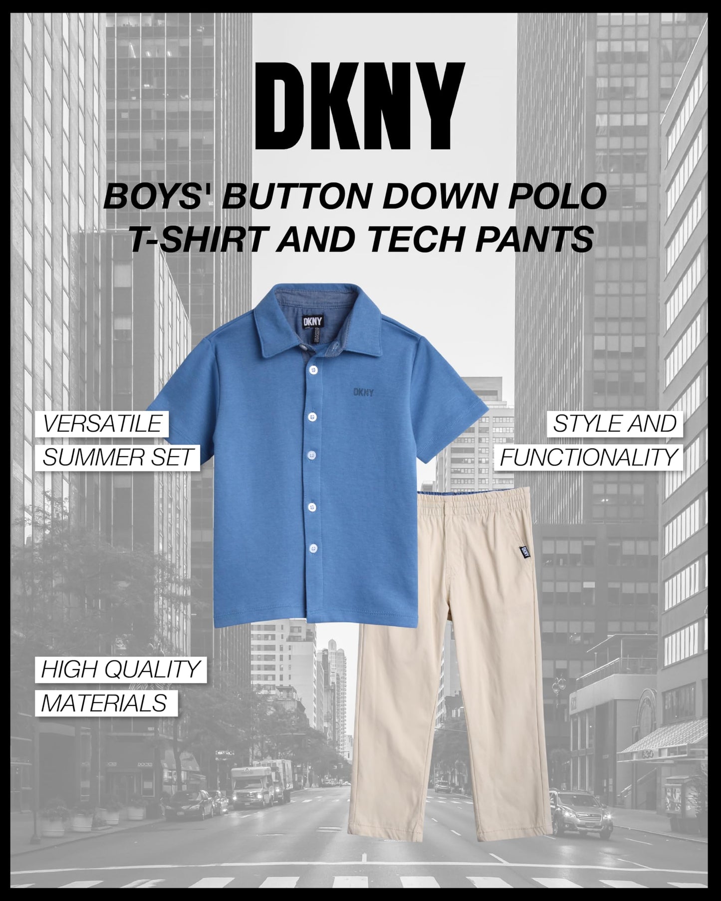 DKNY Boys' Pants Set - 2 Piece Short Sleeve Button Down Shirt and Tech Pants - Summer Outfit Set for Toddler Boys (2T-7)