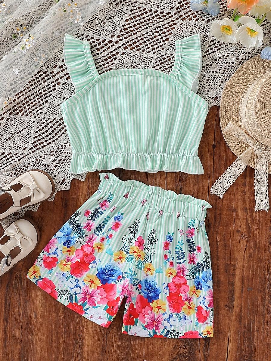 Kids Toddler Girls Summer Clothes Button Design Striped Tank Top + Floral-Print Elastic Shorts 2 Piece