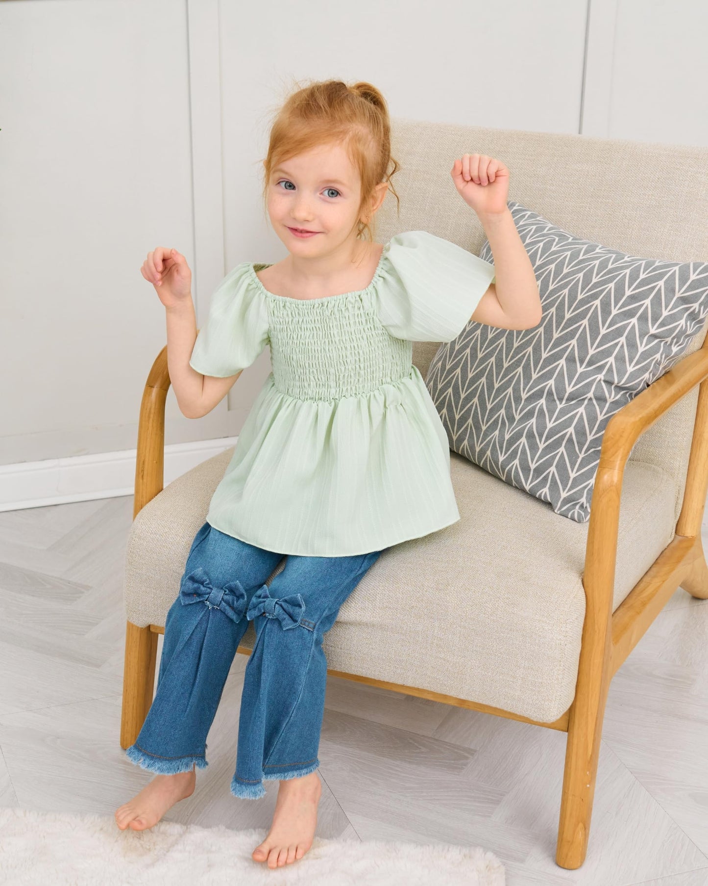 XUANHAO Toddler Girl Clothes Summer Smocked Shirts Tops Denim Bell Bottom Jeans Pants Outfits Kids Girl's Clothing Sets
