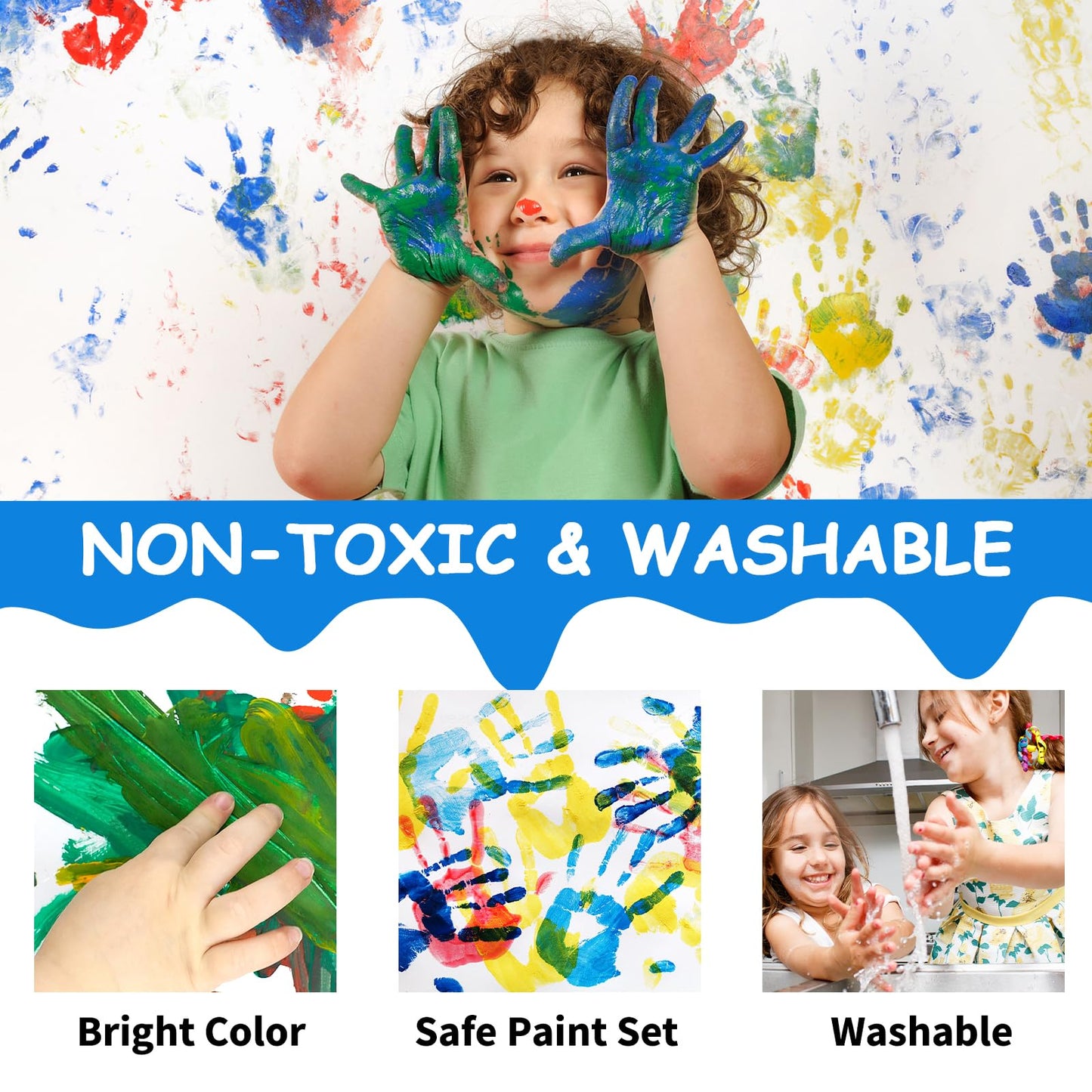 ABEIER Washable Finger Paint for Toddlers, Safe Non-Toxic, 12 x 2oz Vibrant Colors, Baby Safe Paint for Hand and Feet, Mess Free Art Supplies for Kids, Preschool Learning Gifts, Ages 1-3 4 5 6+