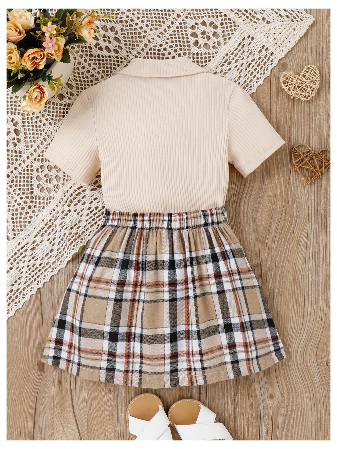 WDIRARA Toddler Girl's 2 Piece Outfit Bow Front Short Sleeve Tee and Plaid Pleated Aline Skirt Set