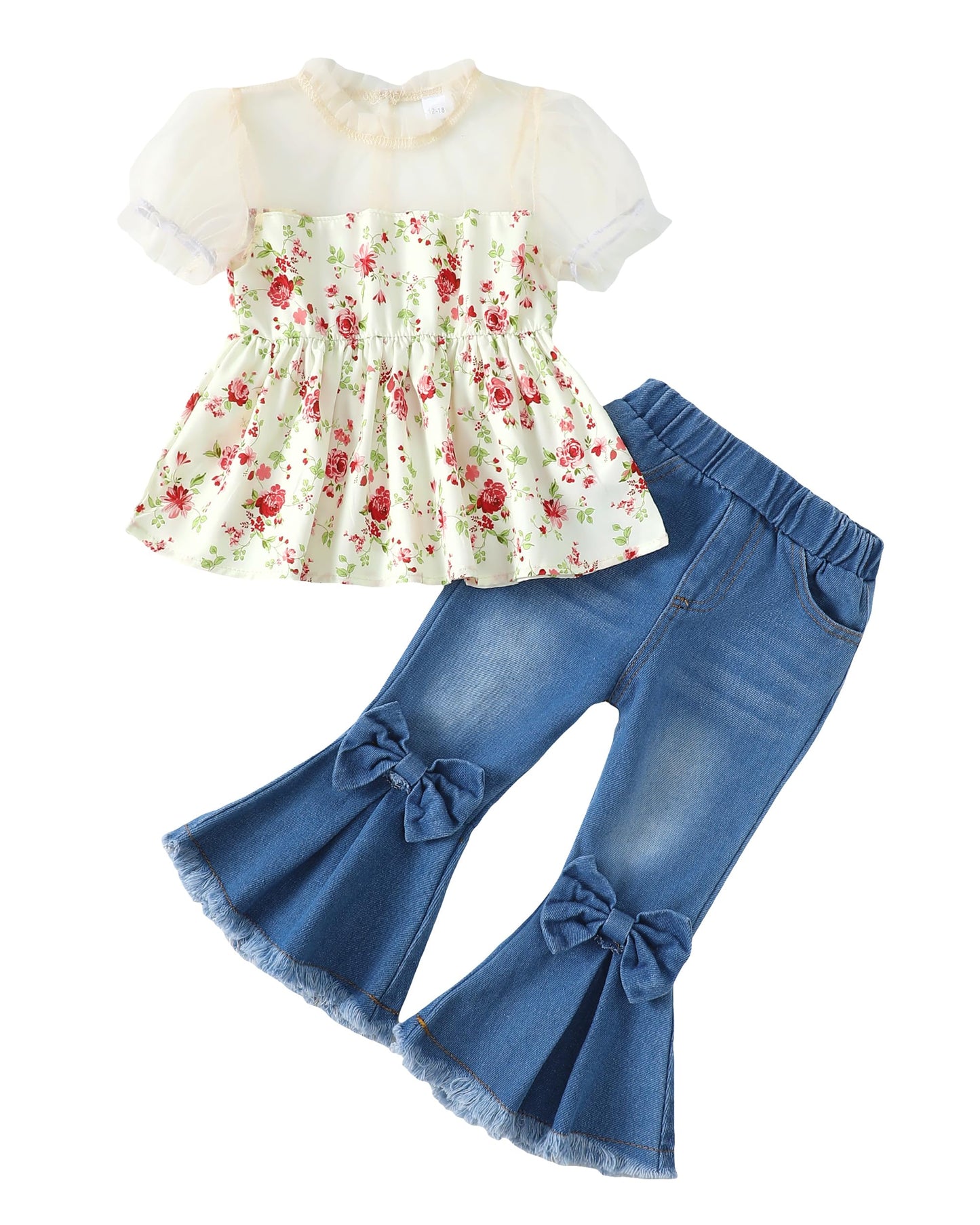 Baby Girl Clothes Toddler Girl Outfits Kids Puff Sleeve Shirt Top Flare Denim Pants Jeans Clothing for Little Girls