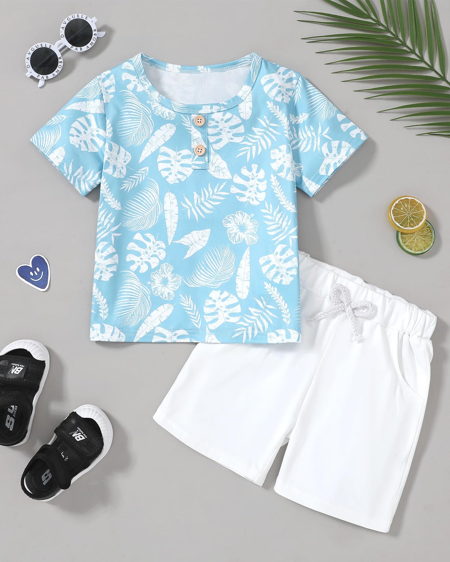 Coco&RARA Toddler Boy Clothes Outfits Kid Summer Hawaiian Print T-Shirt + Elastic Waist Pockets Shorts Clothes Set 2-7T