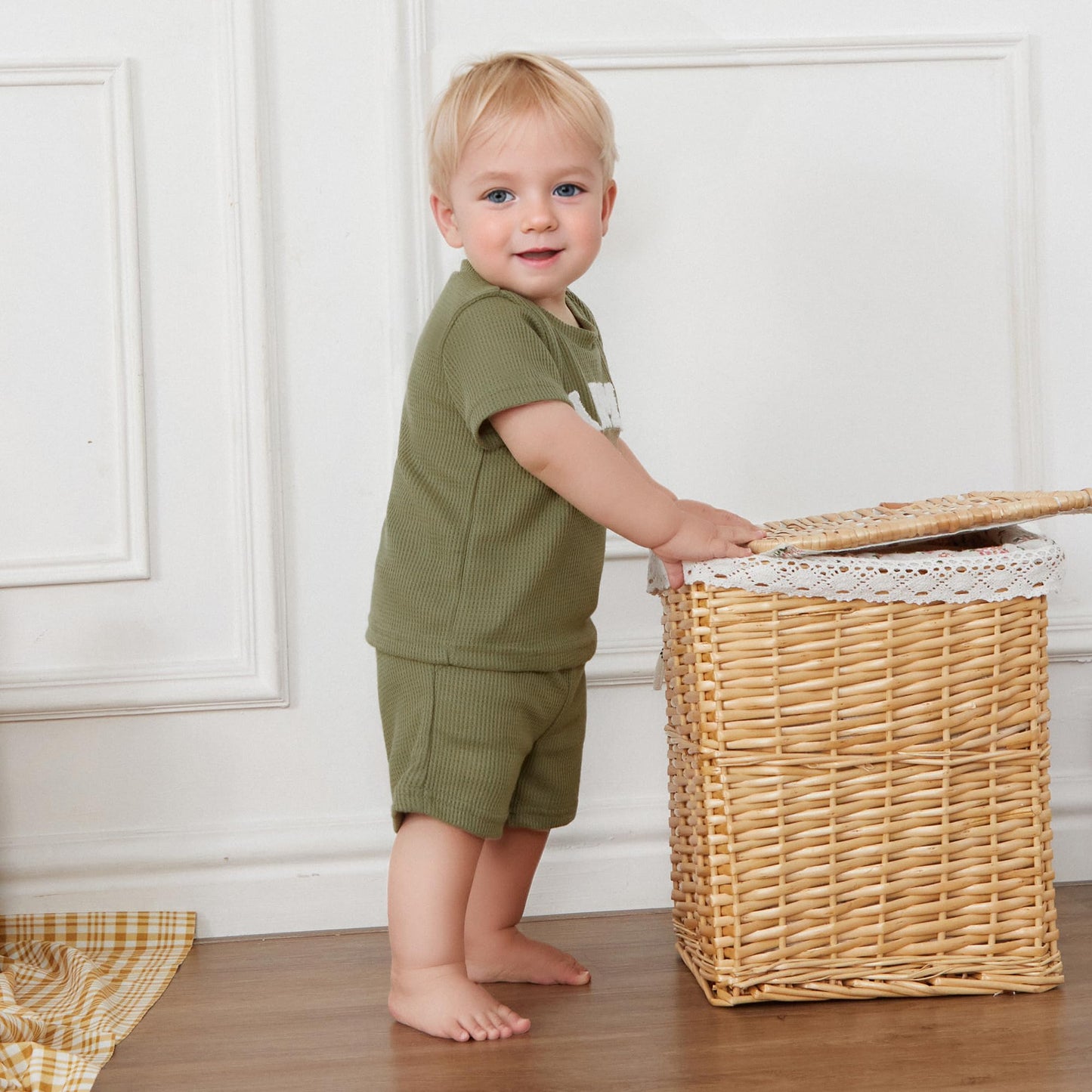 Kupretty Toddler Baby Boy Summer Clothes Embroiderey Waffle Knit Short Sleeve T-Shirt Tees + Casual Shorts Cute Clothing Set
