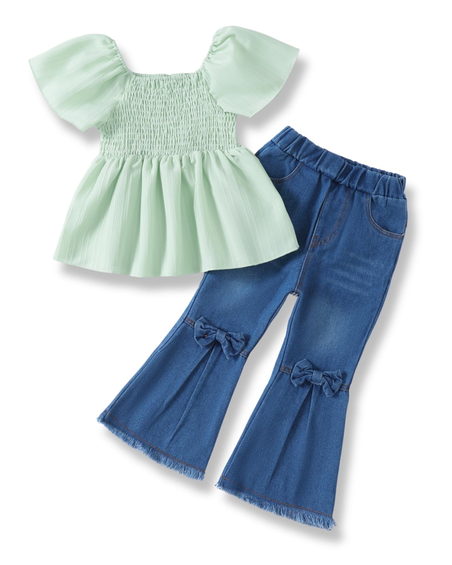 XUANHAO Toddler Girl Clothes Summer Smocked Shirts Tops Denim Bell Bottom Jeans Pants Outfits Kids Girl's Clothing Sets
