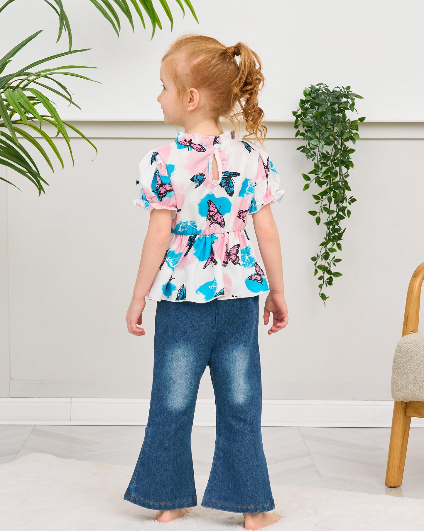 Baby Girl Clothes Toddler Girl Outfits Kids Puff Sleeve Shirt Top Flare Denim Pants Jeans Clothing for Little Girls