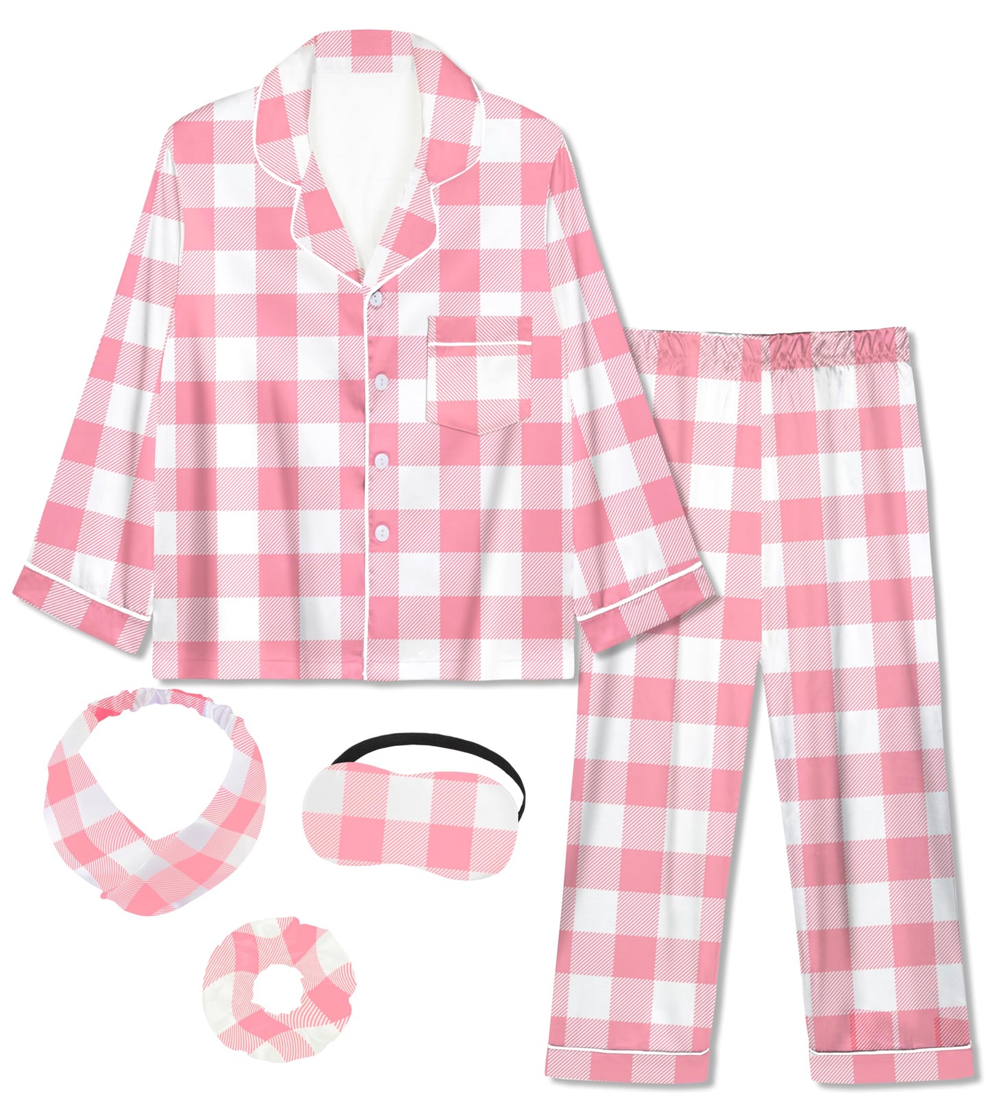 Kids Girl Pajama Set with Headband Blindfold Hair Tie Toddler Boy Girl Satin Silky Button-up Pajama Sleepwear