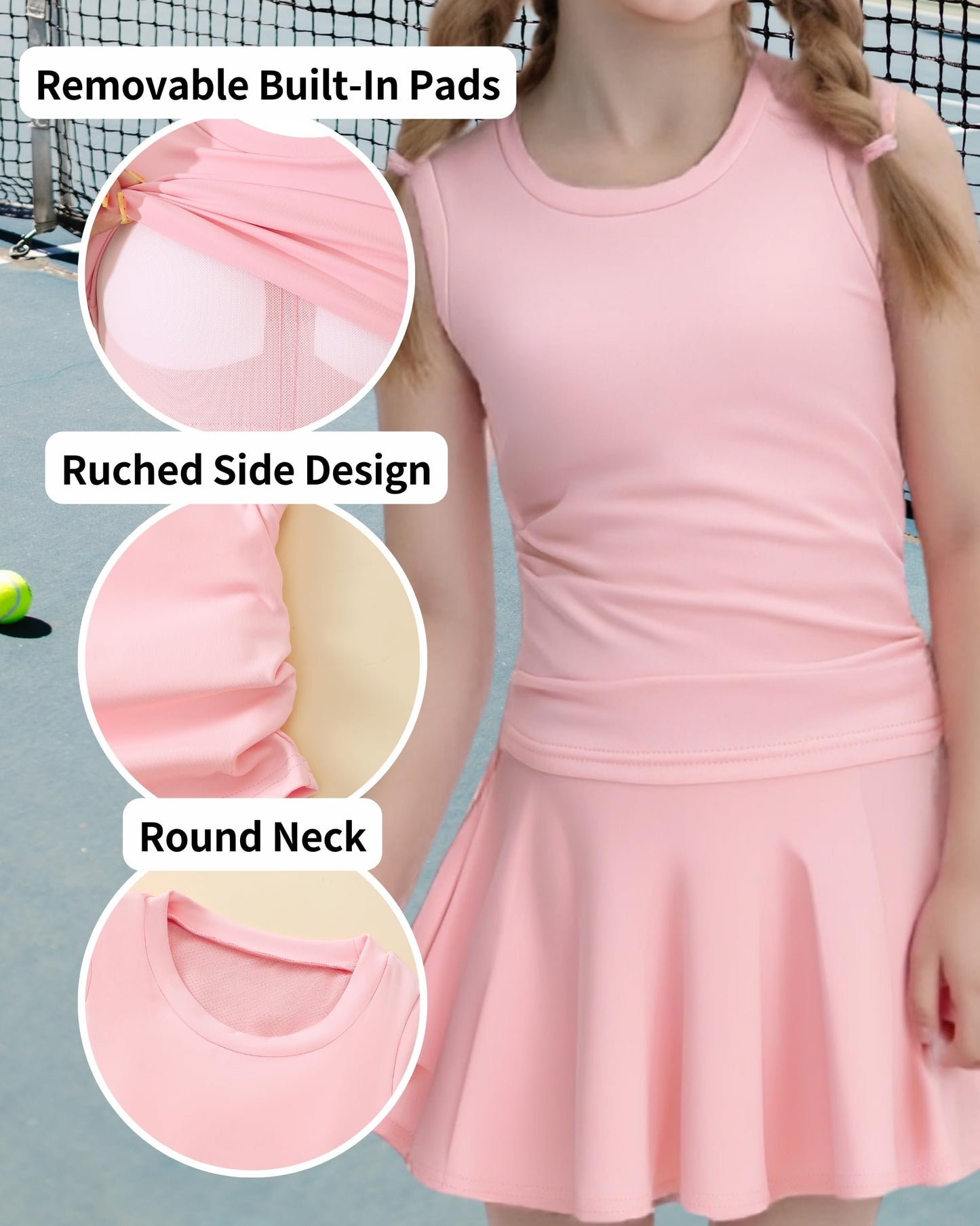 Girls Tennis Skirts Sets Kids Sleeveless Ruched Athletic Tank Tops Flowy Pleated Skirt Pockets Skorts Shorts Outfits