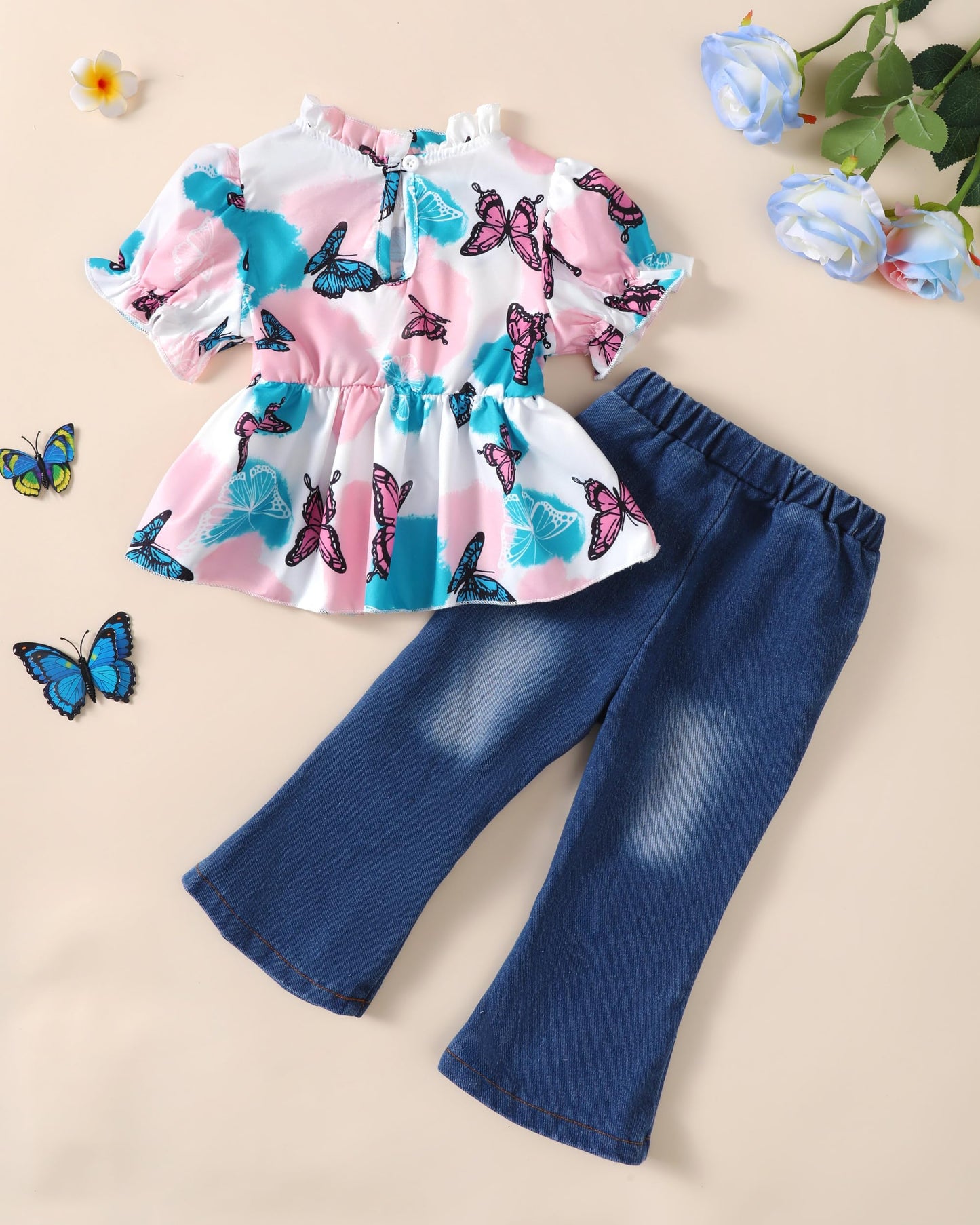 Baby Girl Clothes Toddler Girl Outfits Kids Puff Sleeve Shirt Top Flare Denim Pants Jeans Clothing for Little Girls