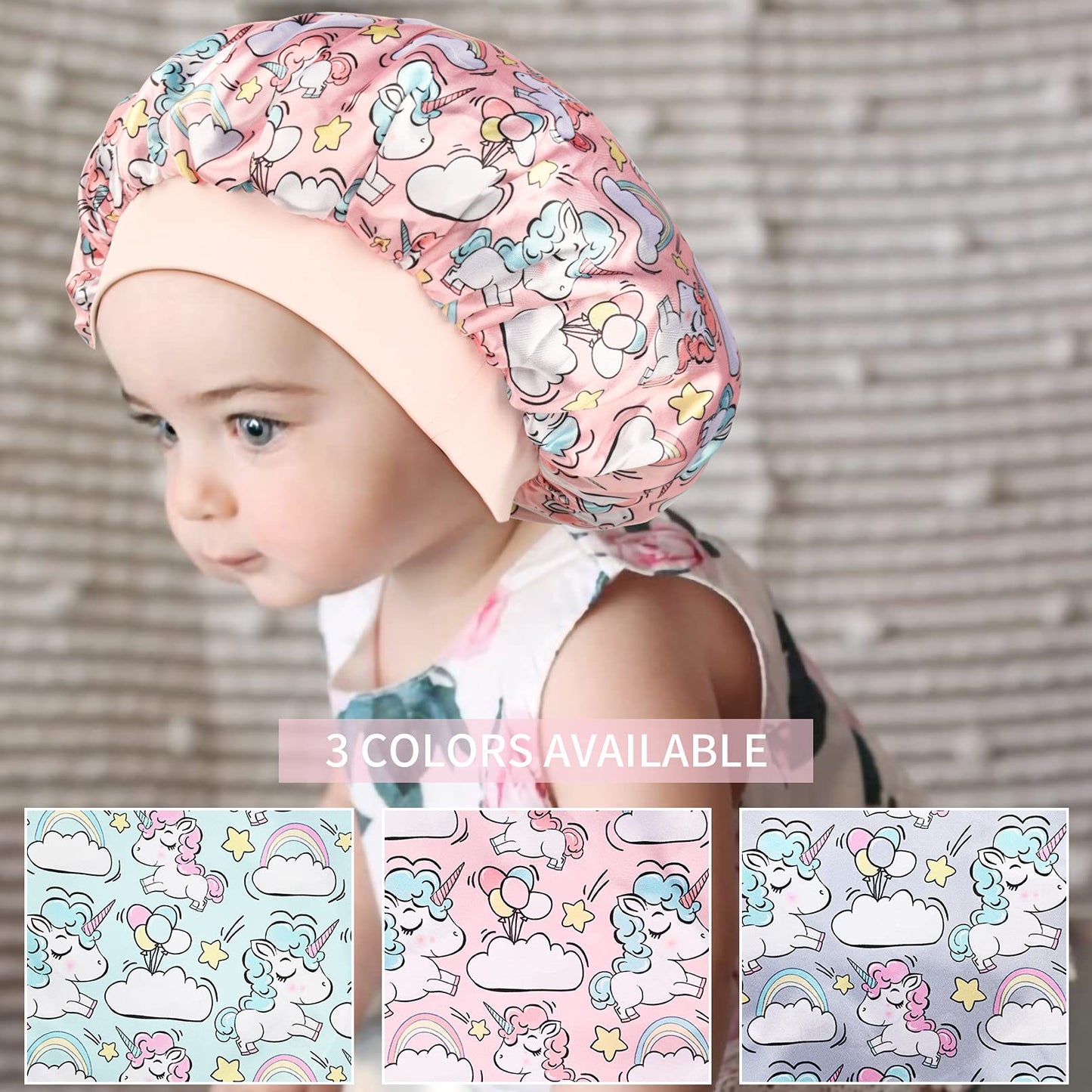 3 Pieces Kids Satin Bonnet Dinosaur Wide Elastic Band Sleeping Cap Soft Silk Double Layer Night Hair Hats for Teens Toddler Child Baby