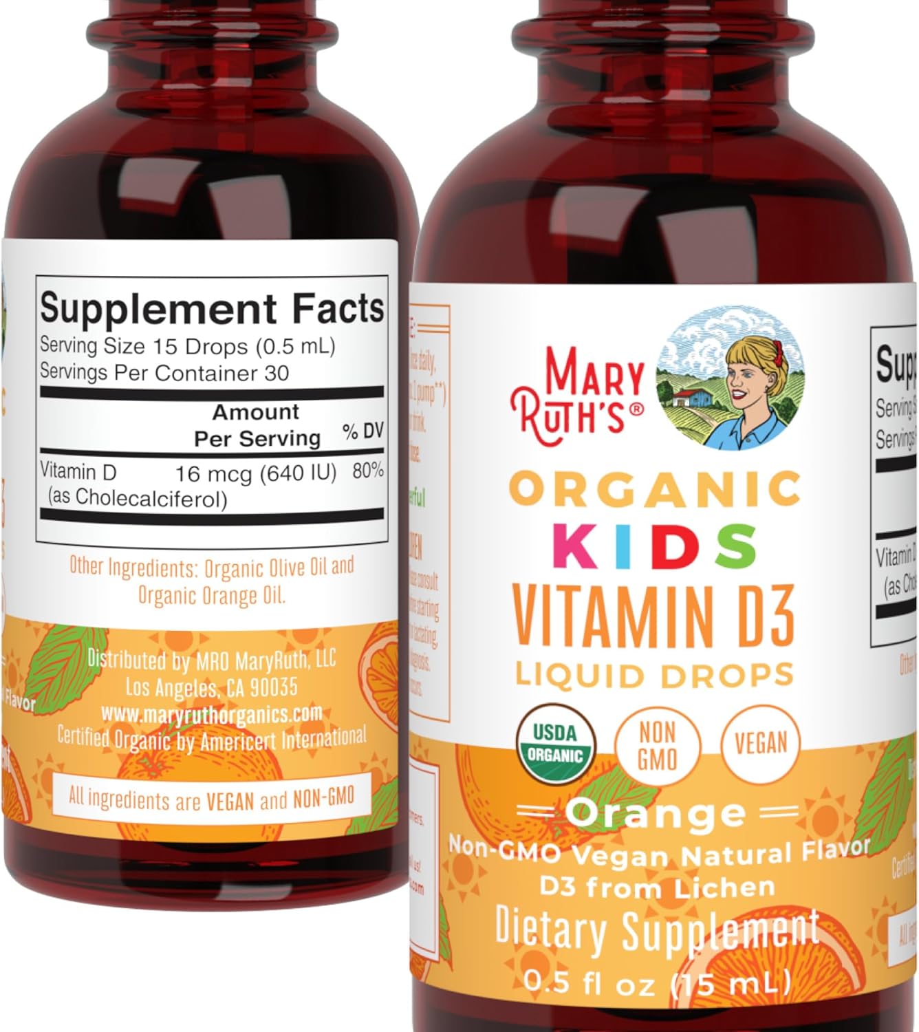 MaryRuth Organics USDA Organic Vitamin D3 Liquid Drops for Kids | 640 IU Vitamin D3 Per Serving | Kids Immune Support & Bone Health Supplement | Formulated for Ages 4-13 | 0.5oz | 30 Servings