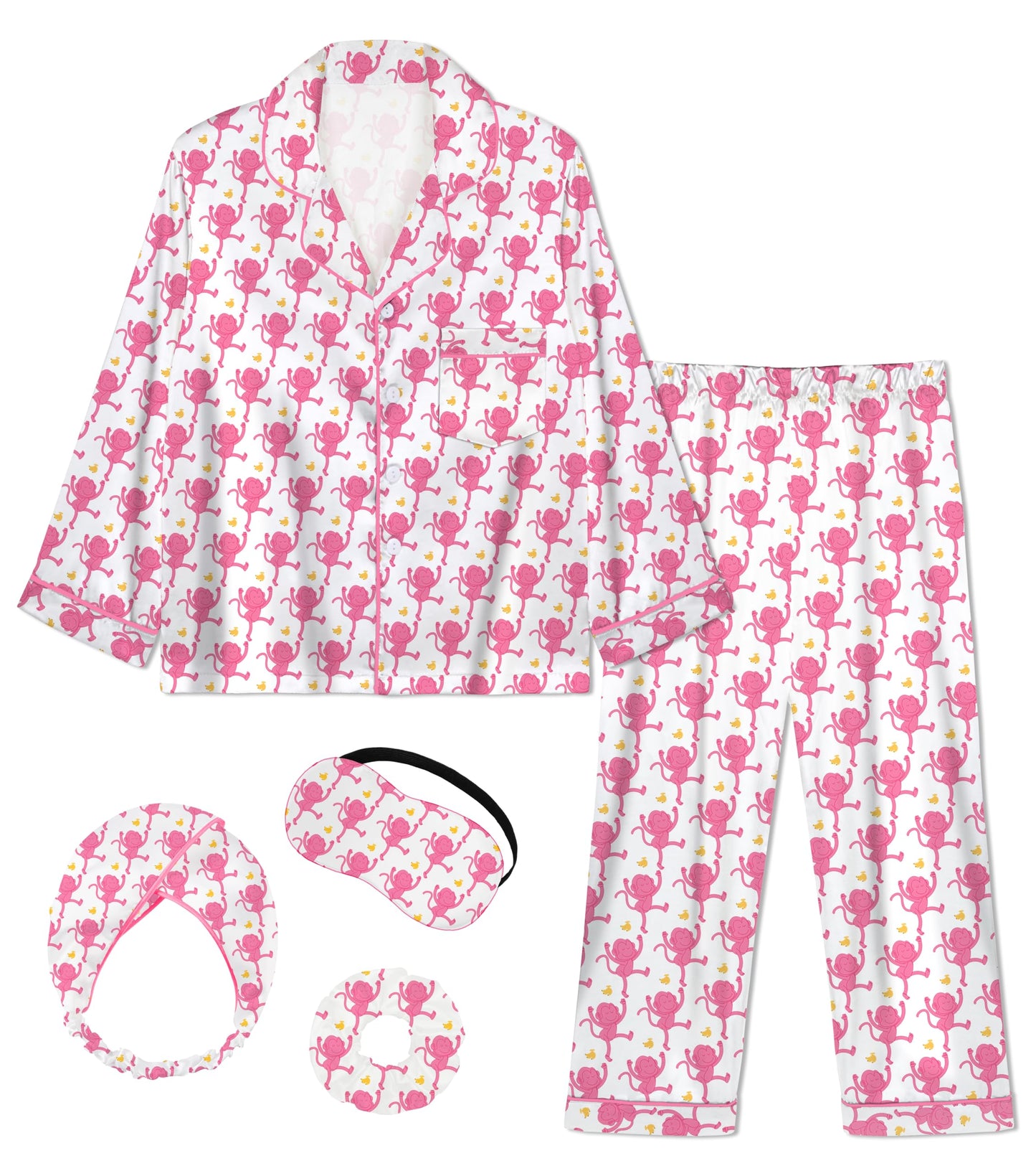 Kids Girl Pajama Set with Headband Blindfold Hair Tie Toddler Boy Girl Satin Silky Button-up Pajama Sleepwear