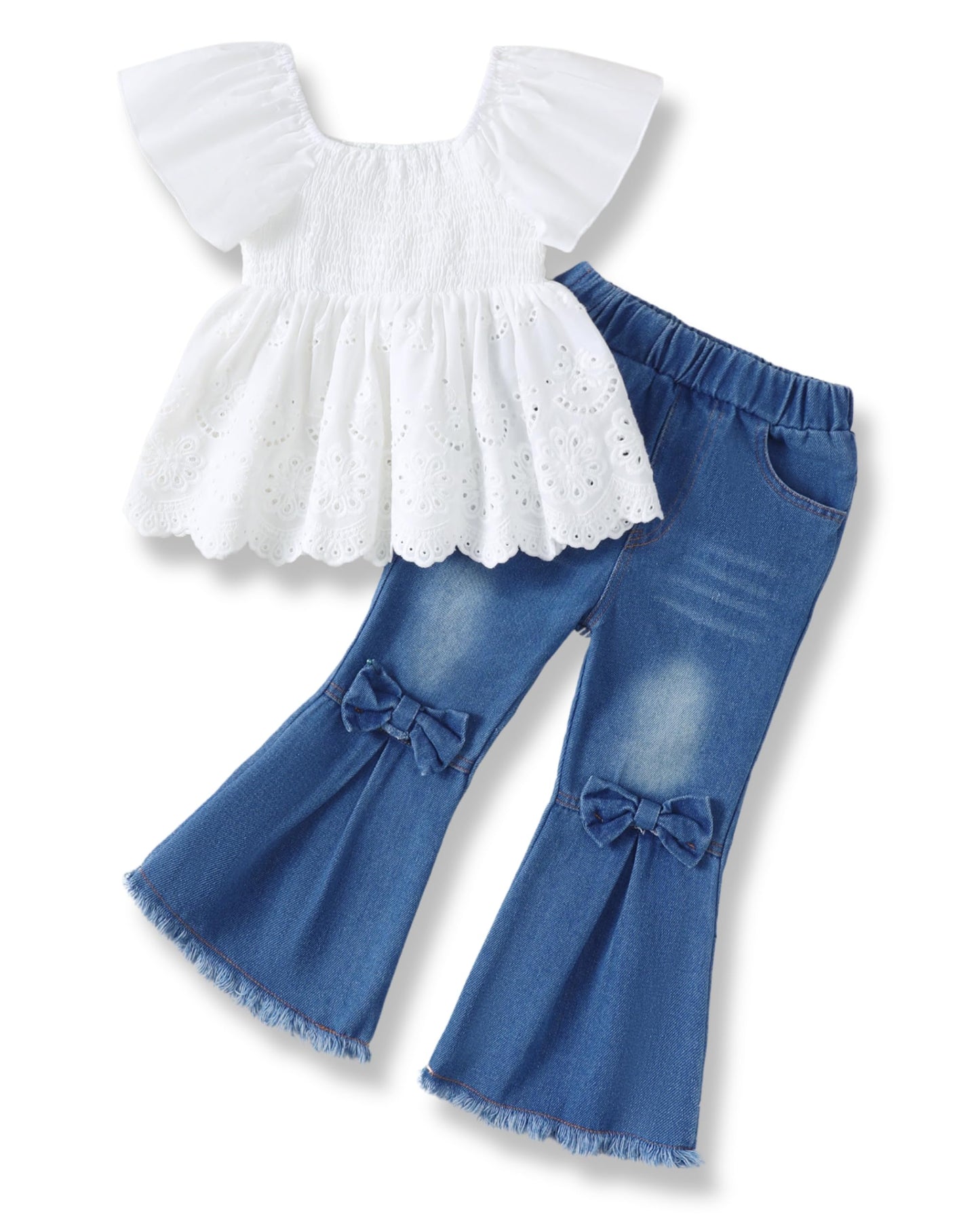 XUANHAO Toddler Girl Clothes Summer Smocked Shirts Tops Denim Bell Bottom Jeans Pants Outfits Kids Girl's Clothing Sets