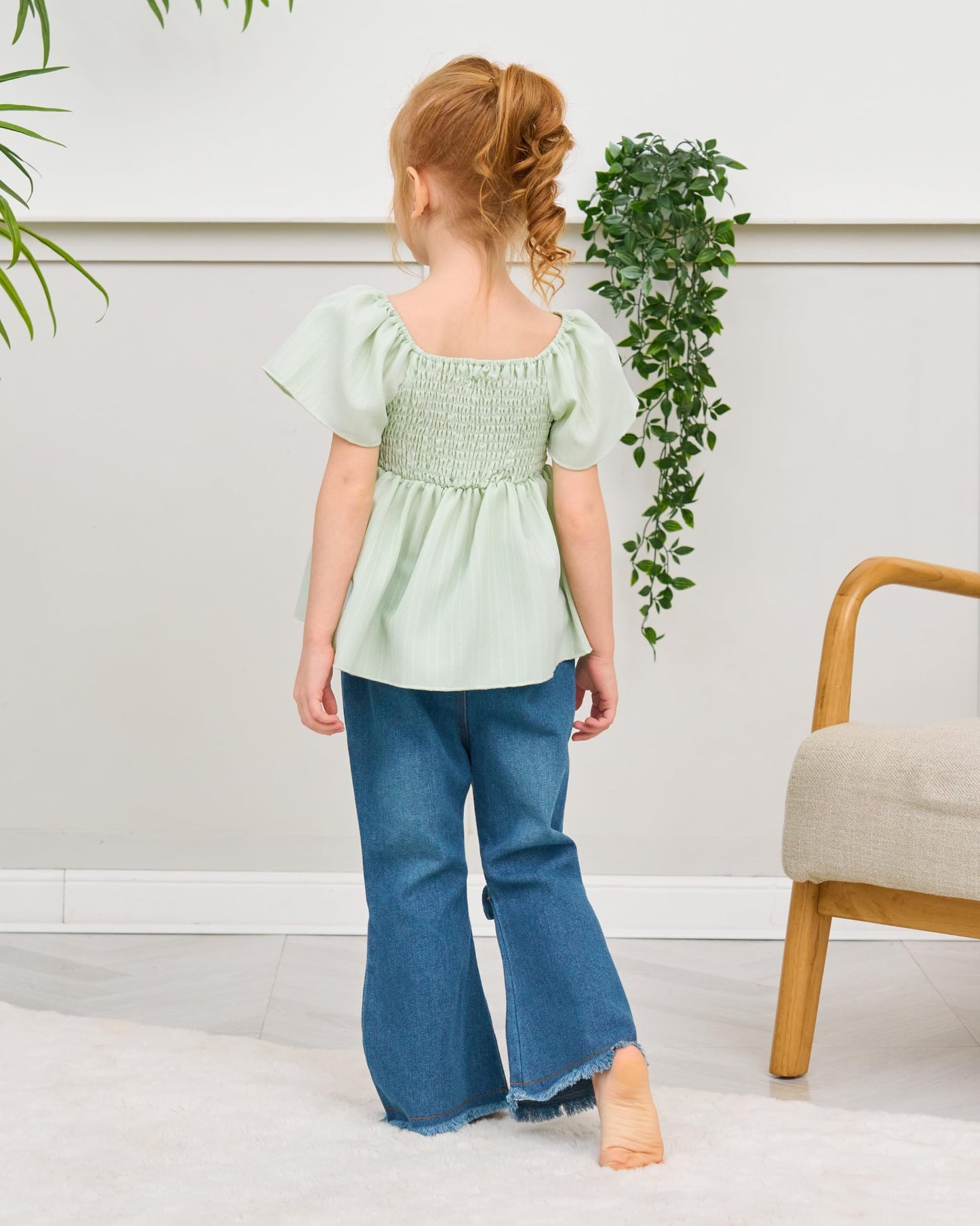 XUANHAO Toddler Girl Clothes Summer Smocked Shirts Tops Denim Bell Bottom Jeans Pants Outfits Kids Girl's Clothing Sets