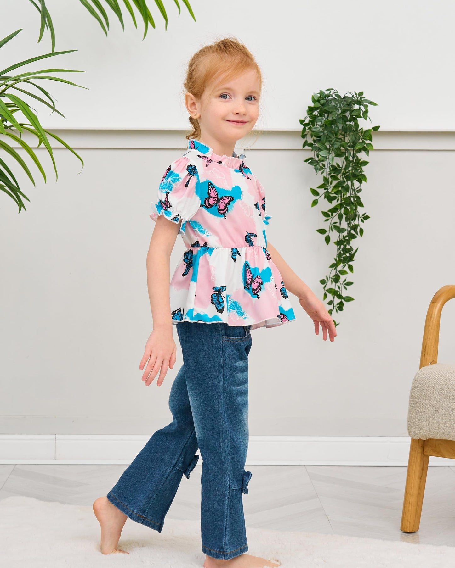 Baby Girl Clothes Toddler Girl Outfits Kids Puff Sleeve Shirt Top Flare Denim Pants Jeans Clothing for Little Girls