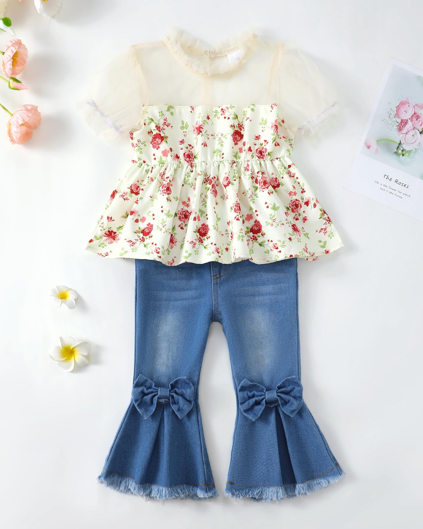 Baby Girl Clothes Toddler Girl Outfits Kids Puff Sleeve Shirt Top Flare Denim Pants Jeans Clothing for Little Girls