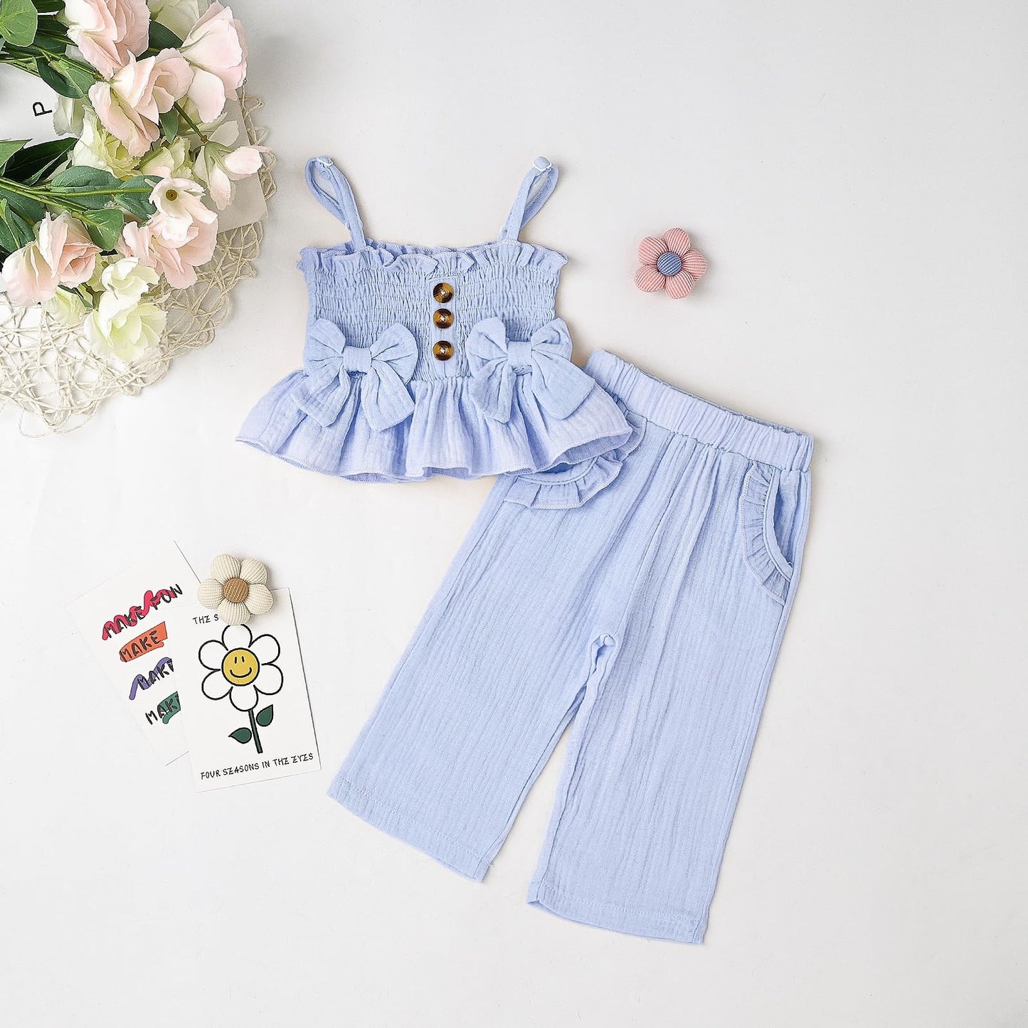 Toddler Baby Girl Clothes Summer Outfits Cute Bow Button Ruffle Camisole Pants Set 9-36 Months