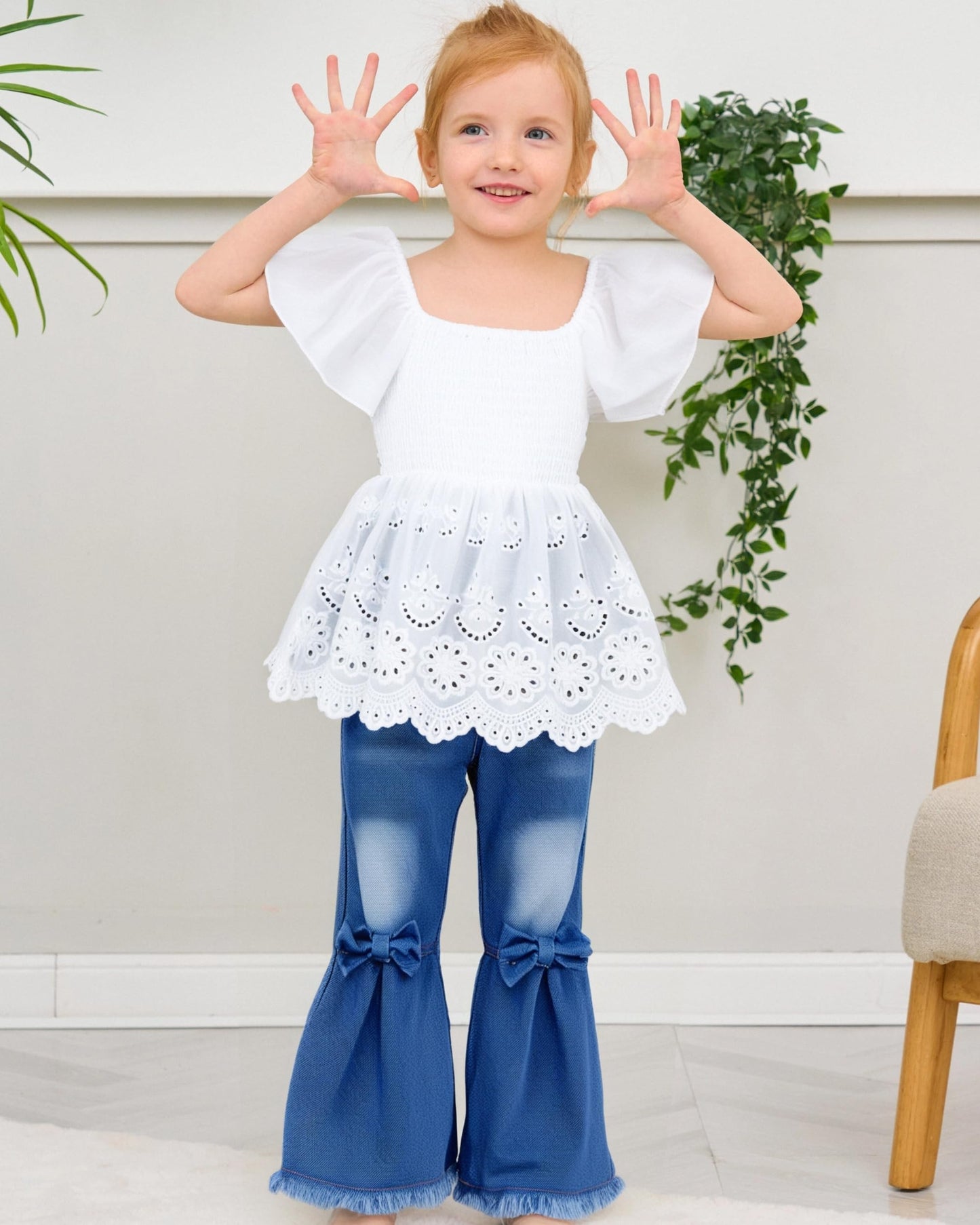 XUANHAO Toddler Girl Clothes Summer Smocked Shirts Tops Denim Bell Bottom Jeans Pants Outfits Kids Girl's Clothing Sets