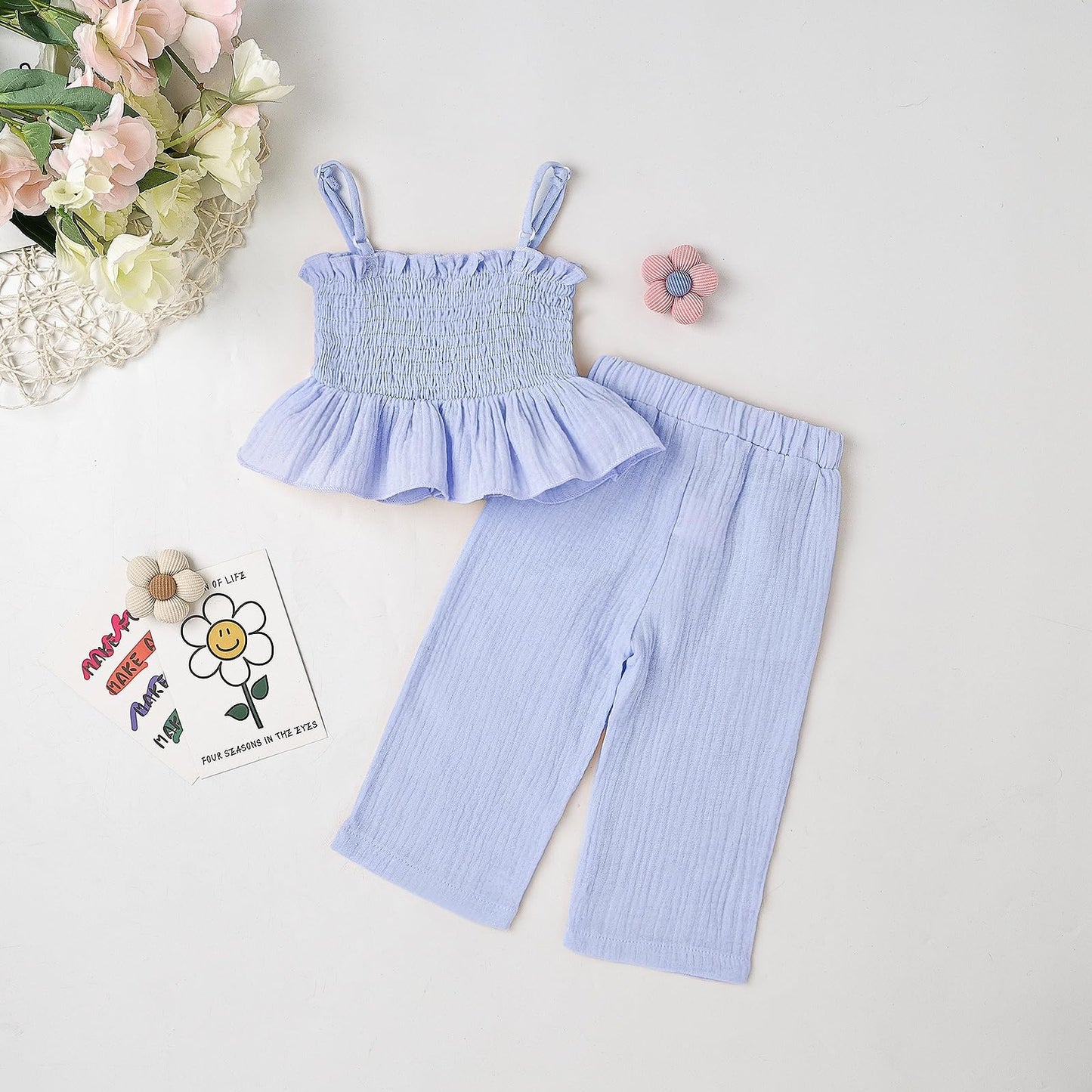 Toddler Baby Girl Clothes Summer Outfits Cute Bow Button Ruffle Camisole Pants Set 9-36 Months