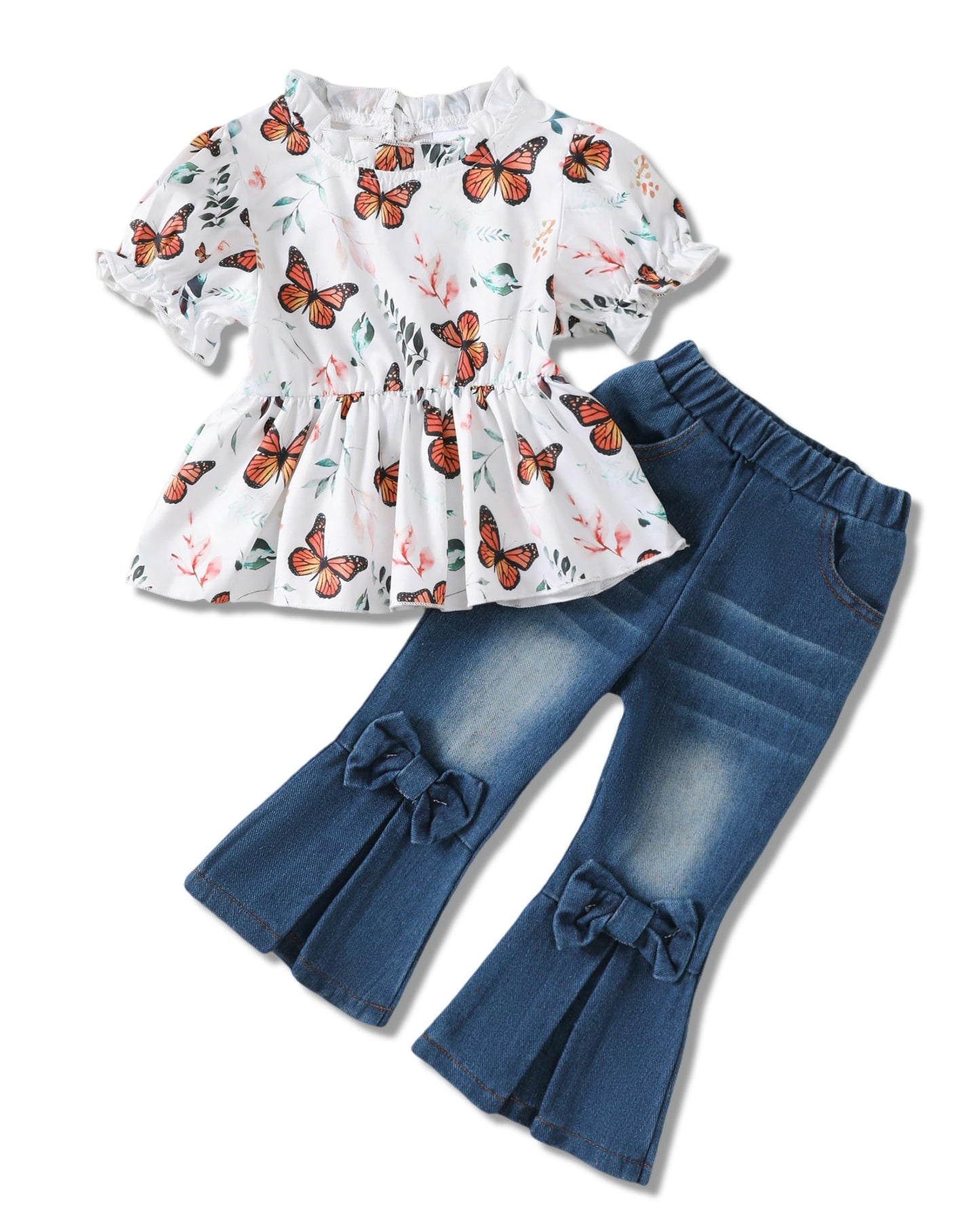 Baby Girl Clothes Toddler Girl Outfits Kids Puff Sleeve Shirt Top Flare Denim Pants Jeans Clothing for Little Girls