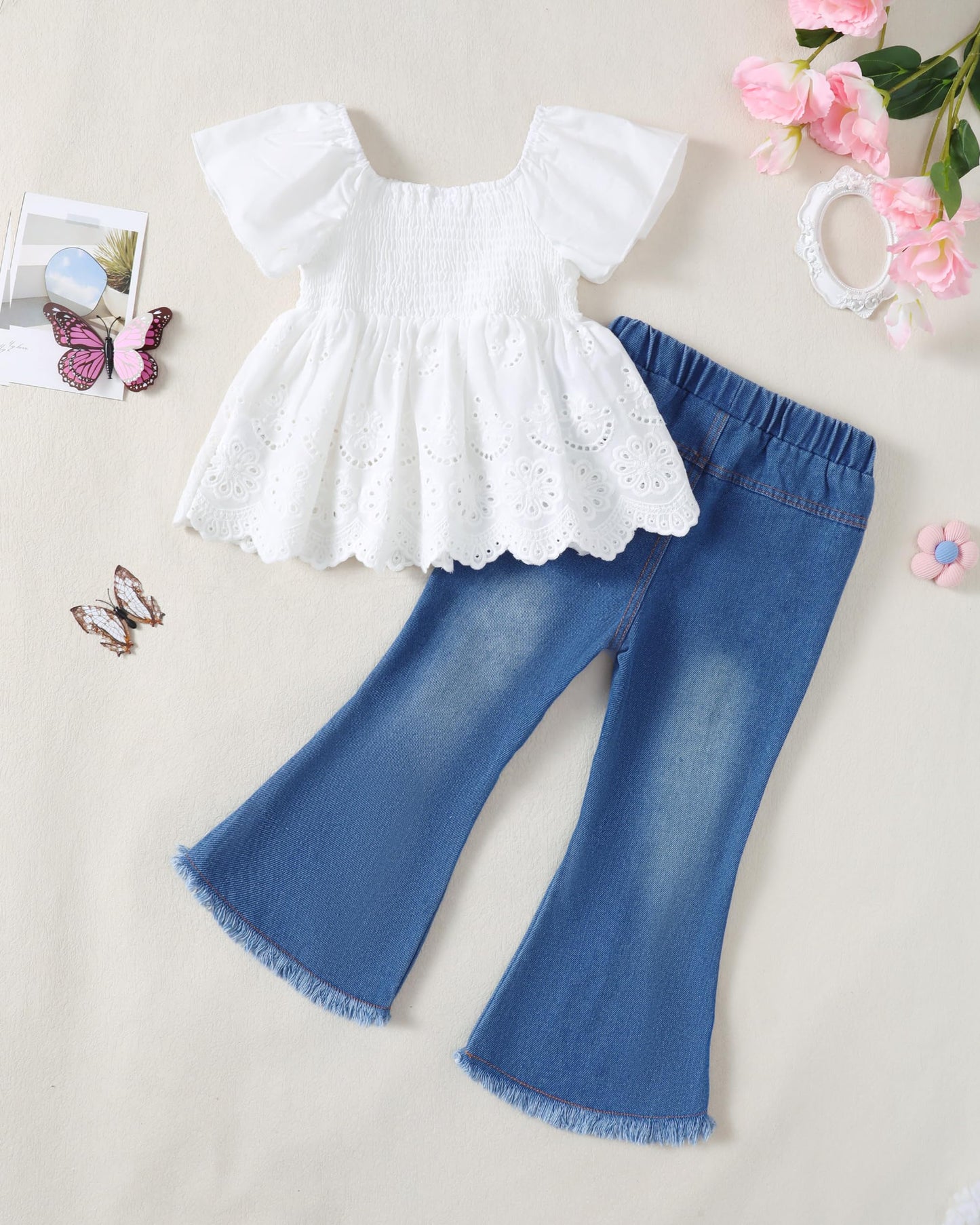 XUANHAO Toddler Girl Clothes Summer Smocked Shirts Tops Denim Bell Bottom Jeans Pants Outfits Kids Girl's Clothing Sets