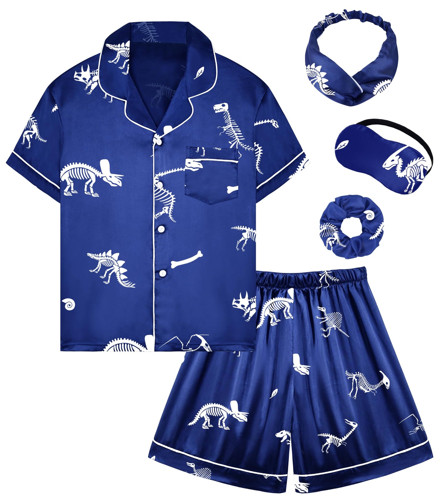 Kids Girl Pajama Set with Headband Blindfold Hair Tie Toddler Boy Girl Satin Silky Button-up Pajama Sleepwear