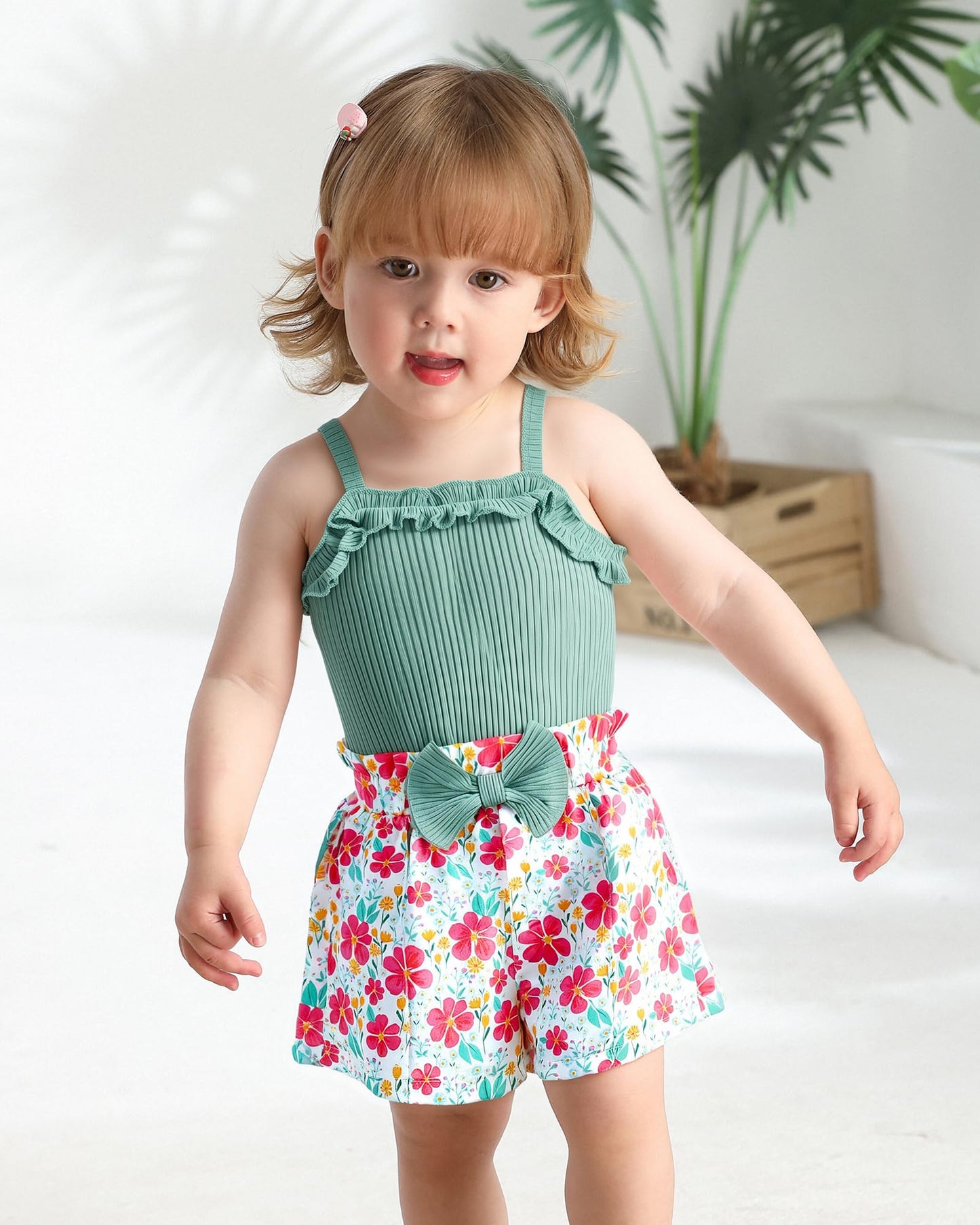 Kucnuzki Toddler Baby Girl Clothes Sleeveless Tank Tops Ruffle Halter Shirts Floral Shorts 2 Piece Set Summer Outfits