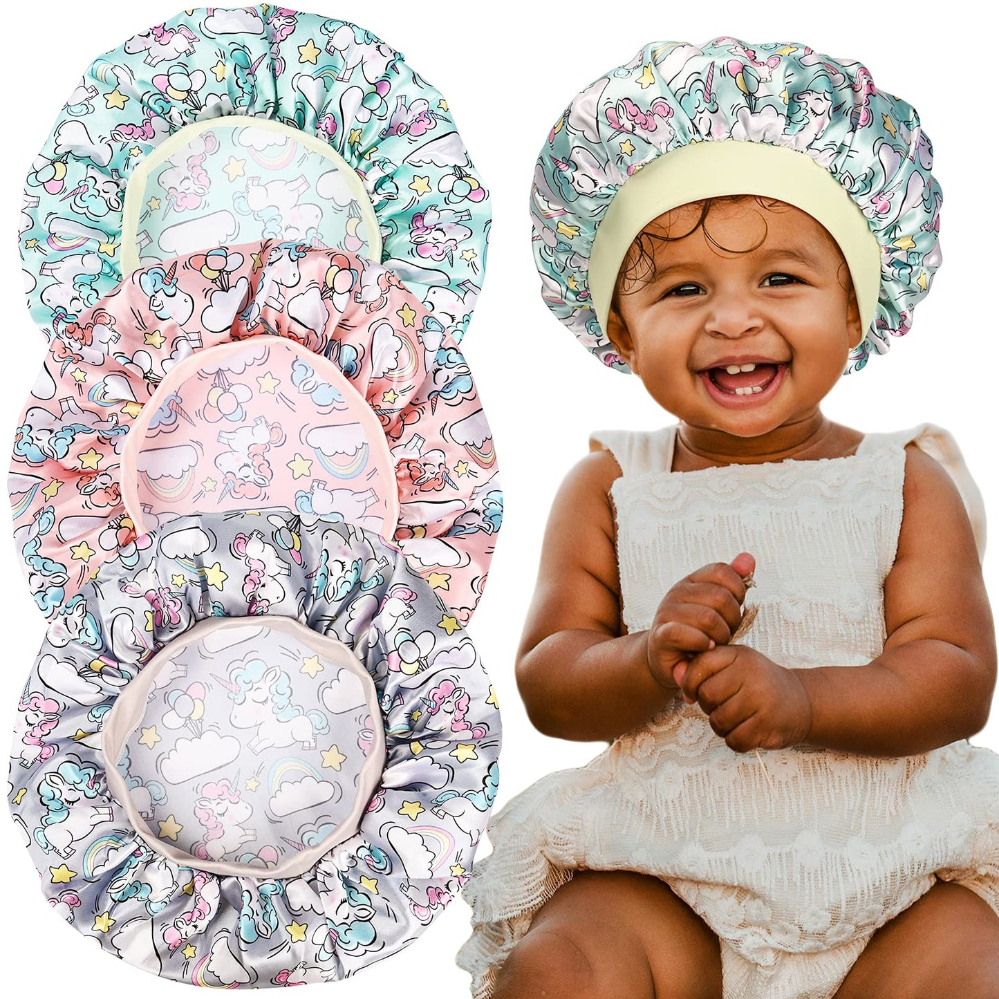 3 Pieces Kids Satin Bonnet Dinosaur Wide Elastic Band Sleeping Cap Soft Silk Double Layer Night Hair Hats for Teens Toddler Child Baby