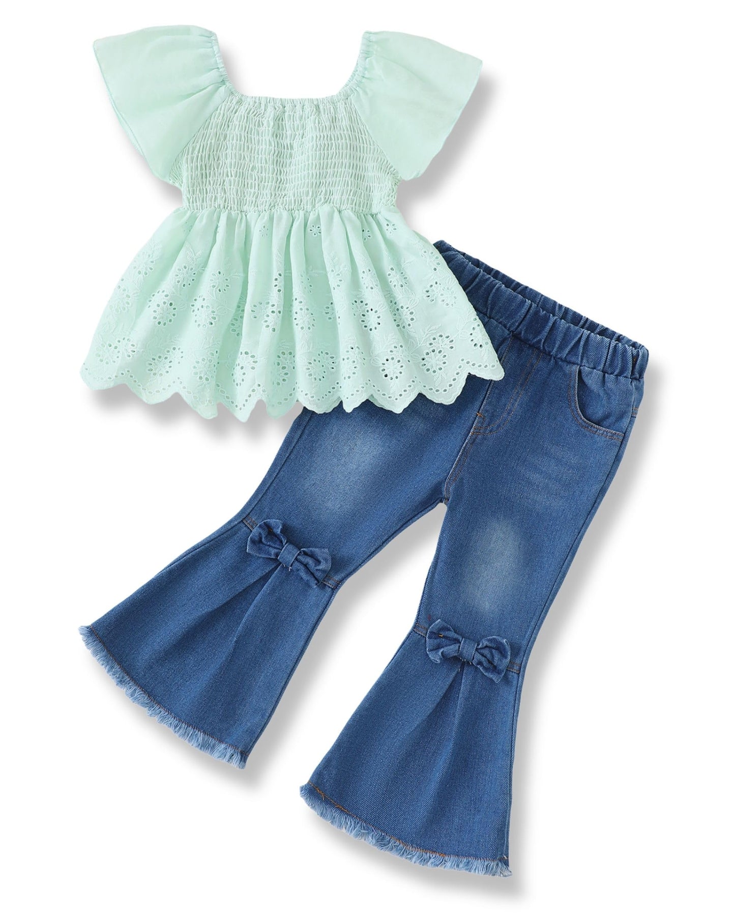 XUANHAO Toddler Girl Clothes Summer Smocked Shirts Tops Denim Bell Bottom Jeans Pants Outfits Kids Girl's Clothing Sets