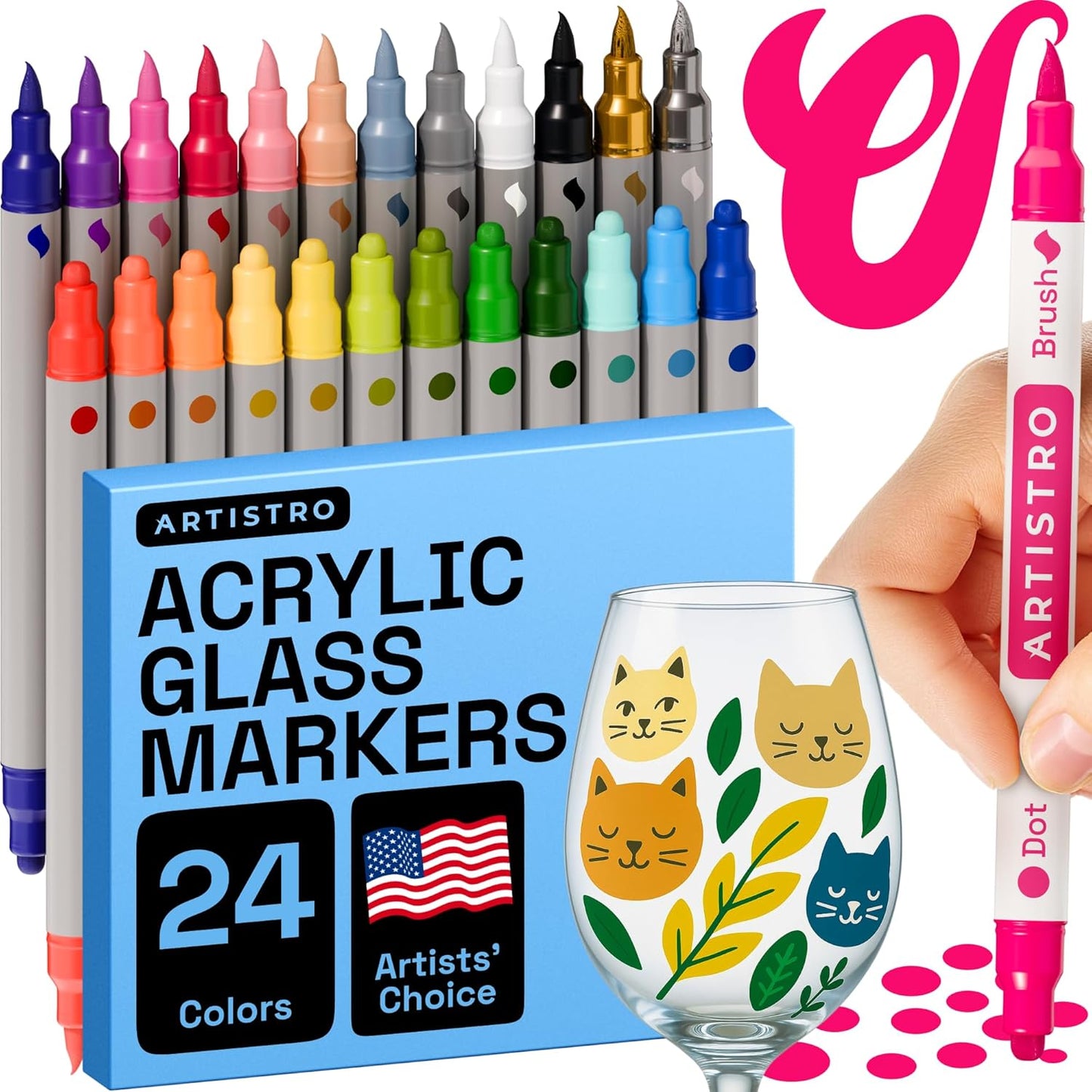 ARTISTRO 24 Dual Tip Acrylic Paint Markers - Washable, Non-Toxic Pens for Glass, Ceramic, and More