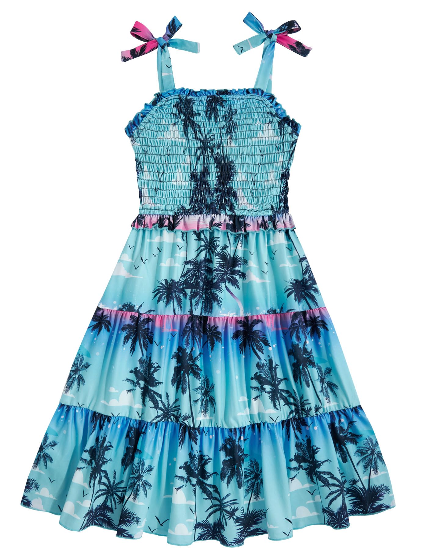 Kids4ever Girls Spaghetti Strap Dress 6-12Y Kids Sleeveless Cami Dresses Summer Beach Smocked Tiered Sundress with Pockets