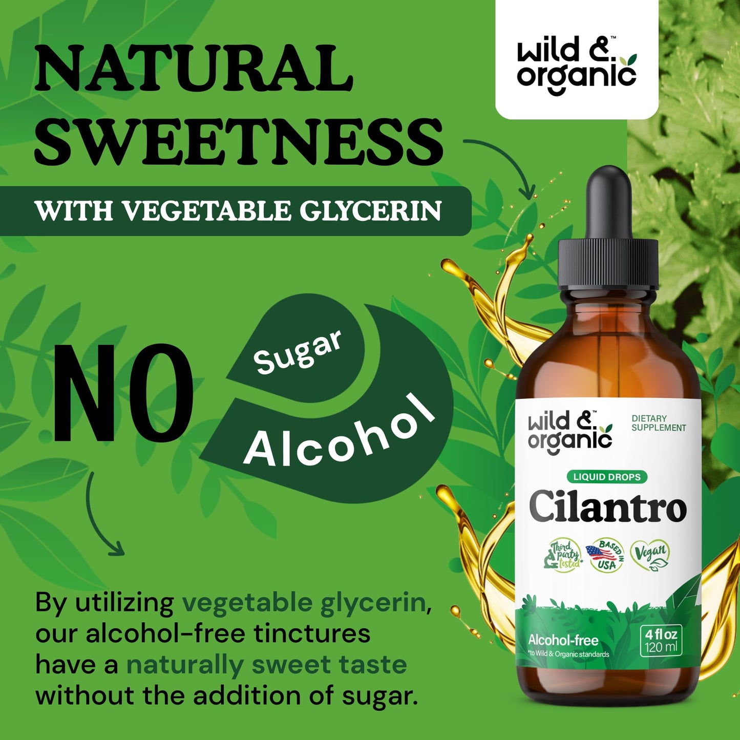 Wild & Organic Cilantro Tincture - Herbal Detox Drops with Cilantro Extract - Liquid Coriander Leaf Supplement - Vegan, Sugar & Alcohol-Free Drops - 4 fl oz