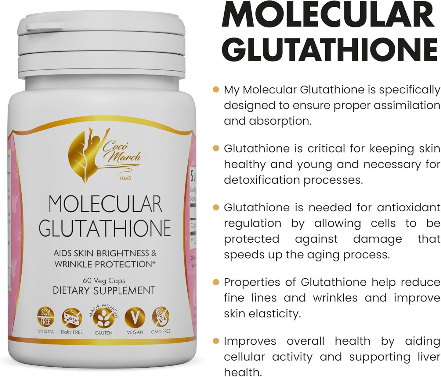 Coco March Molecular Glutathione - Potent Skin Antioxidant, Low Molecular Weight, Gluten Free, Soy Free, Dairy Free, Vegan, GMO Free, 500 mg Per Serving, 60 Veg Caps - 60 Servings (1)