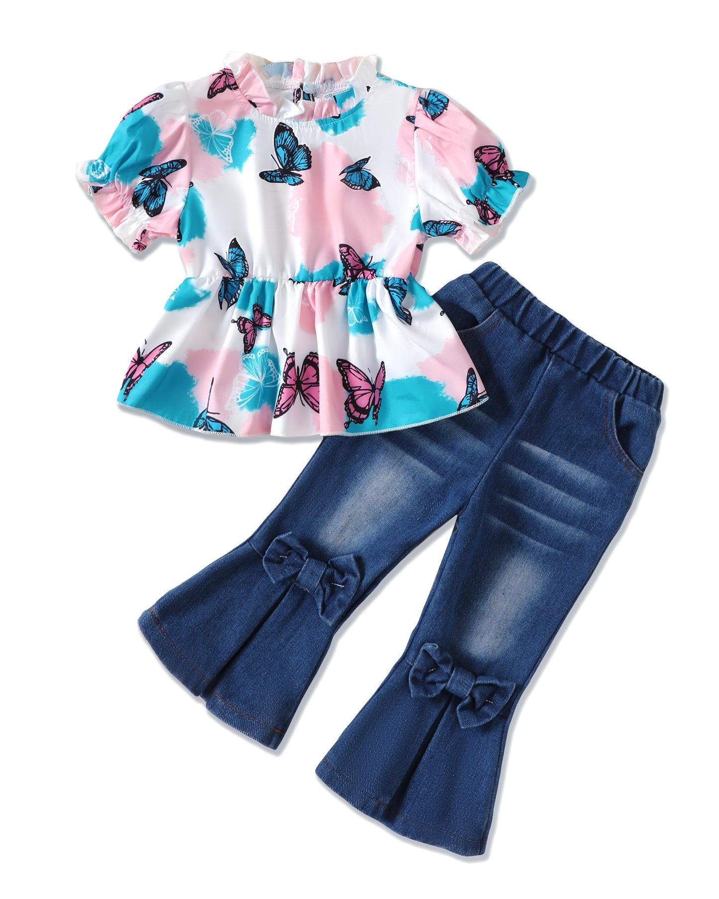 Baby Girl Clothes Toddler Girl Outfits Kids Puff Sleeve Shirt Top Flare Denim Pants Jeans Clothing for Little Girls