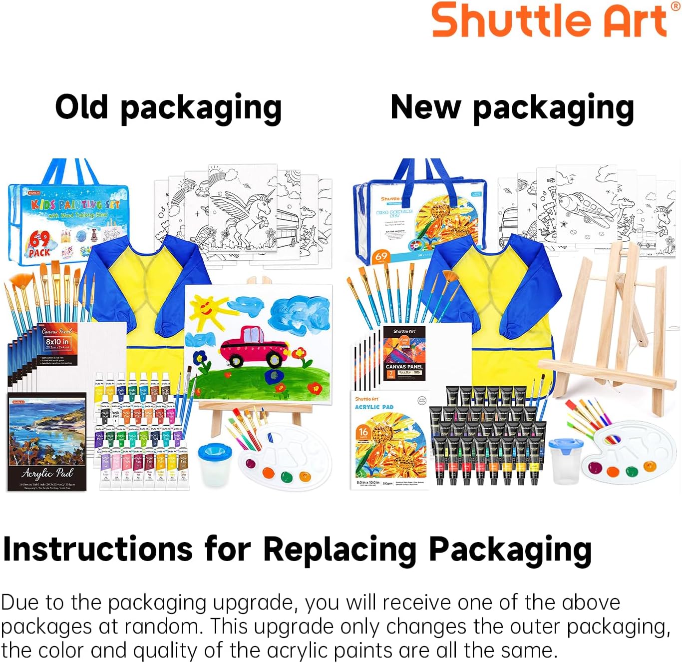 69 Pack Kids Paint Set, Shuttle Art Art Set for Kids with 30 Colors Acrylic Paint, Wood Easel, Canvas, Painting Pad, Brushes, Palette and Smock, Complete Paint Set for Boys and Girls(Package May Very)