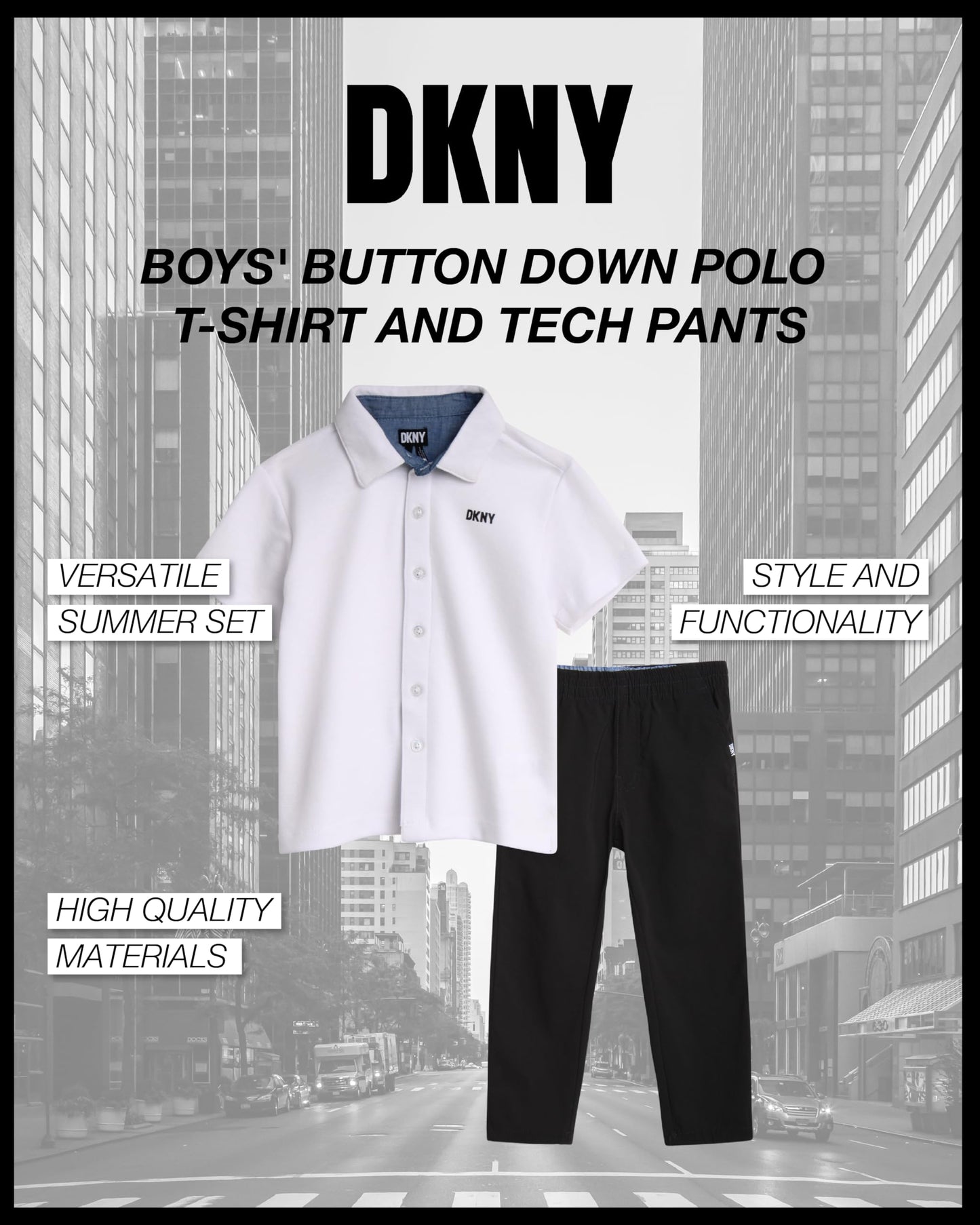 DKNY Boys' Pants Set - 2 Piece Short Sleeve Button Down Shirt and Tech Pants - Summer Outfit Set for Toddler Boys (2T-7)