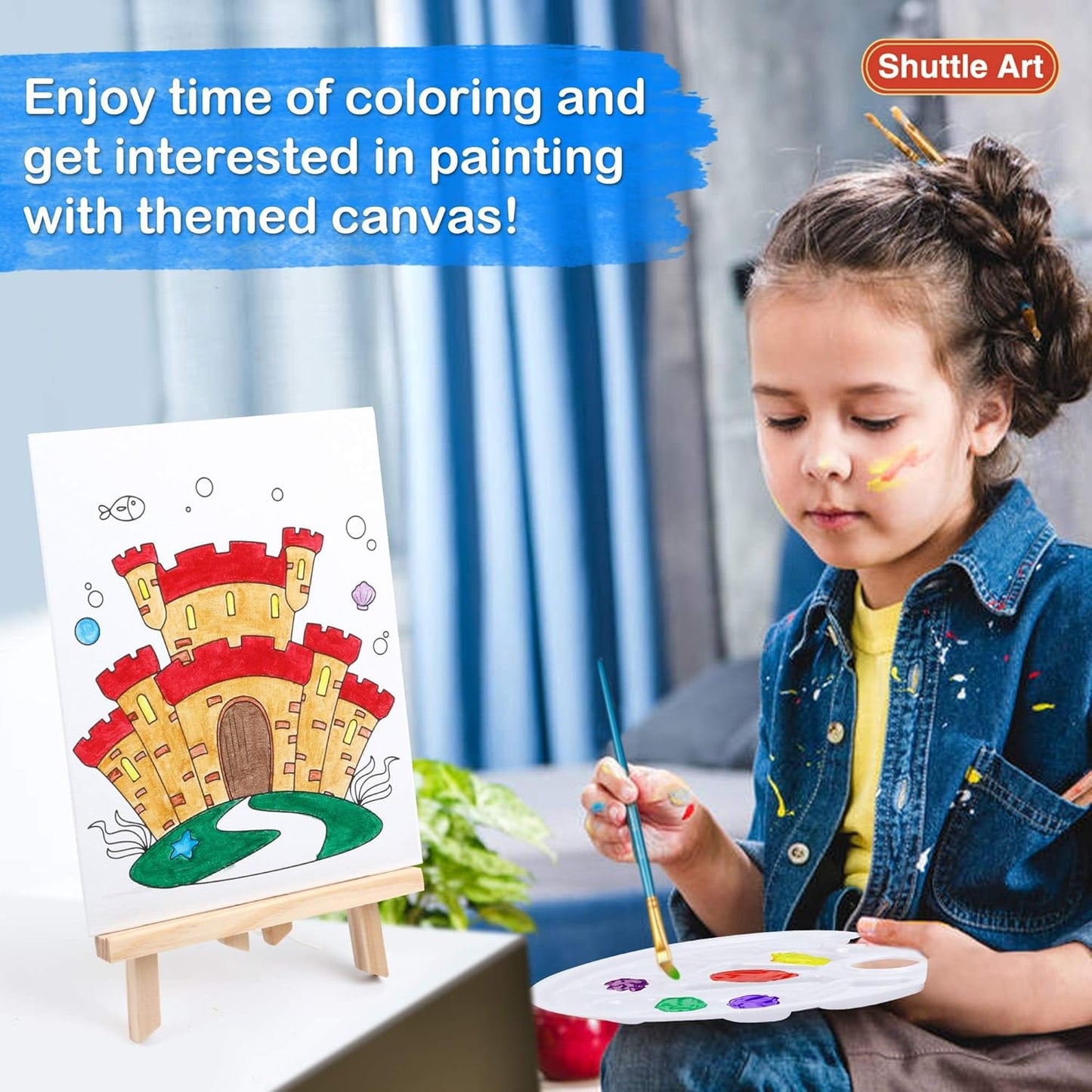 69 Pack Kids Paint Set, Shuttle Art Art Set for Kids with 30 Colors Acrylic Paint, Wood Easel, Canvas, Painting Pad, Brushes, Palette and Smock, Complete Paint Set for Boys and Girls(Package May Very)