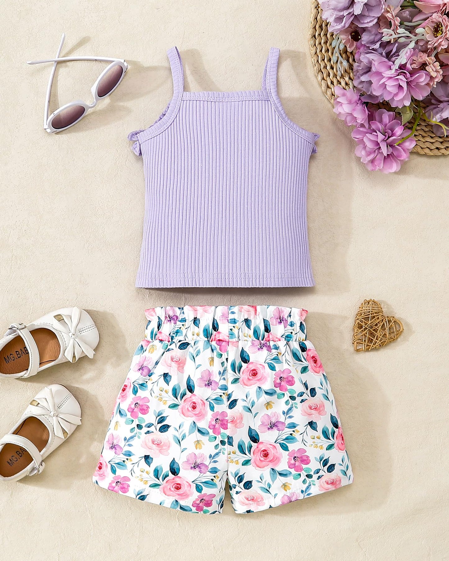 Kucnuzki Toddler Baby Girl Clothes Sleeveless Tank Tops Ruffle Halter Shirts Floral Shorts 2 Piece Set Summer Outfits