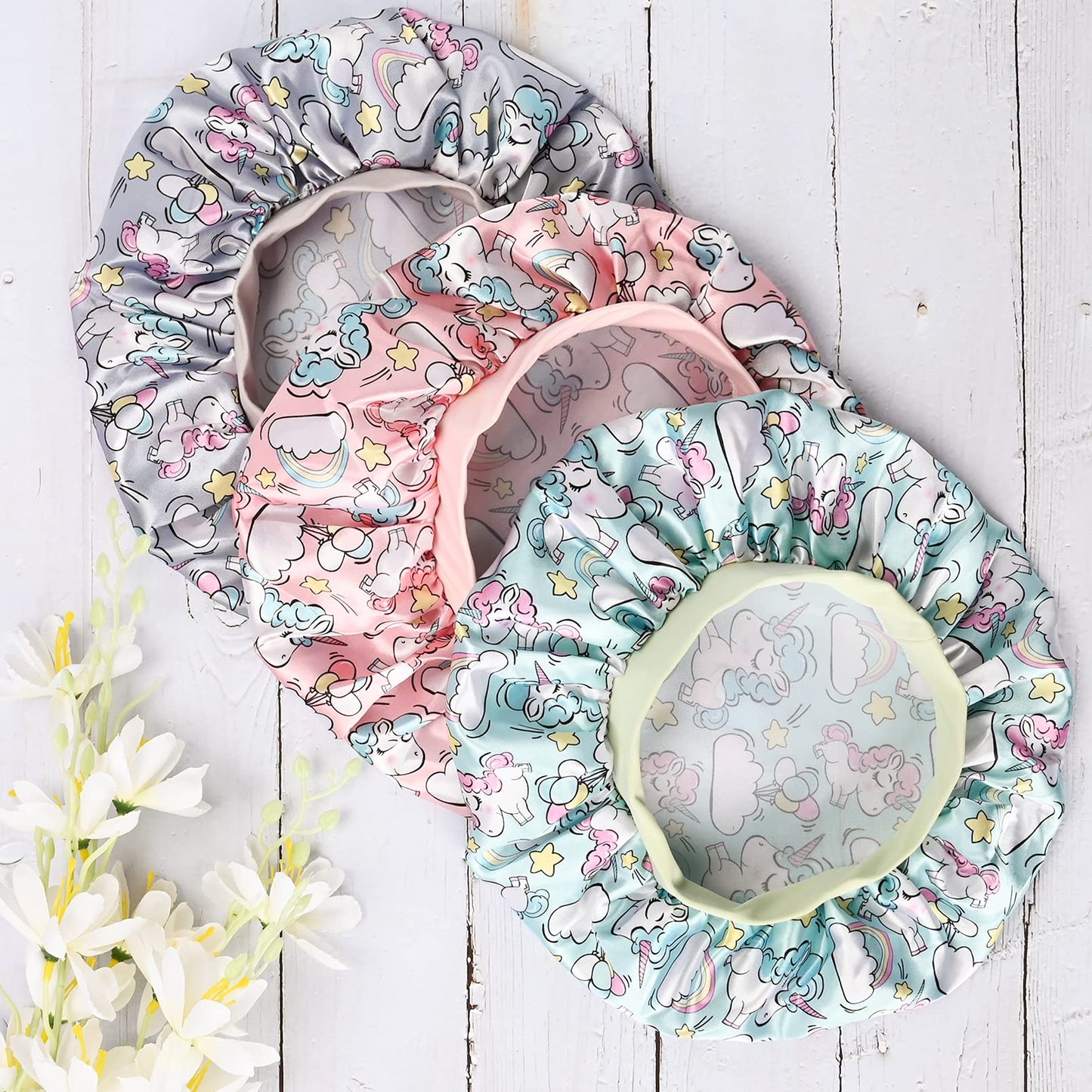 3 Pieces Kids Satin Bonnet Dinosaur Wide Elastic Band Sleeping Cap Soft Silk Double Layer Night Hair Hats for Teens Toddler Child Baby