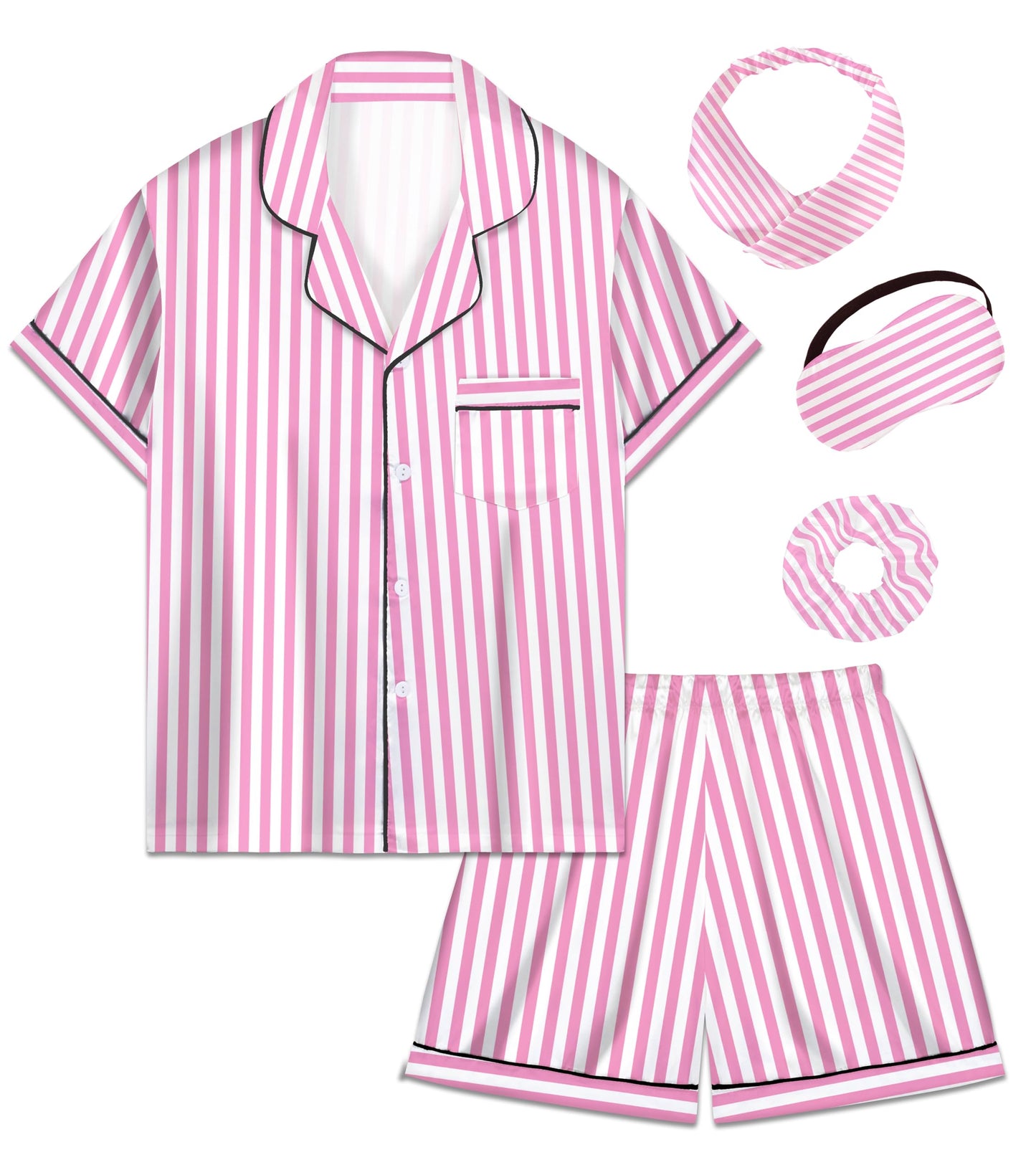 Kids Girl Pajama Set with Headband Blindfold Hair Tie Toddler Boy Girl Satin Silky Button-up Pajama Sleepwear
