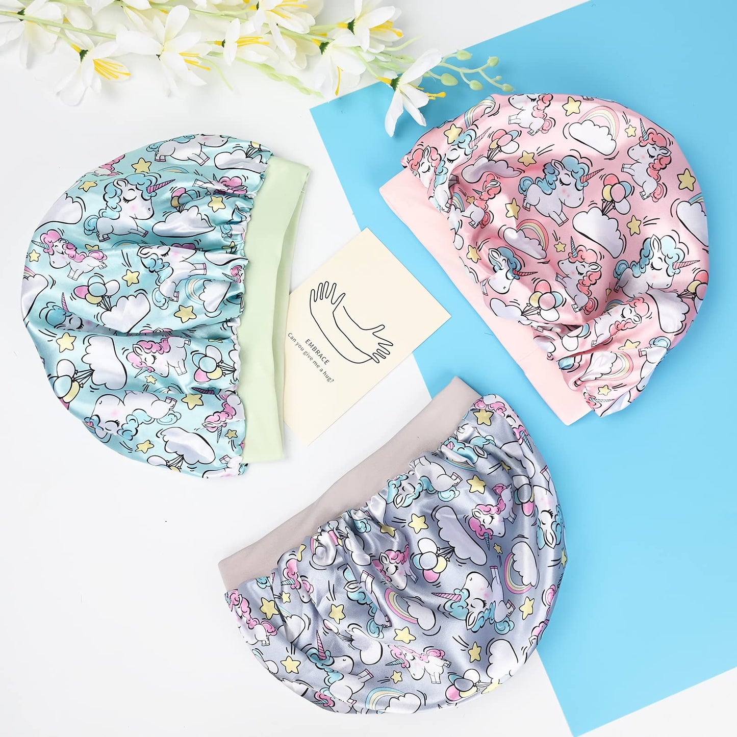 3 Pieces Kids Satin Bonnet Dinosaur Wide Elastic Band Sleeping Cap Soft Silk Double Layer Night Hair Hats for Teens Toddler Child Baby