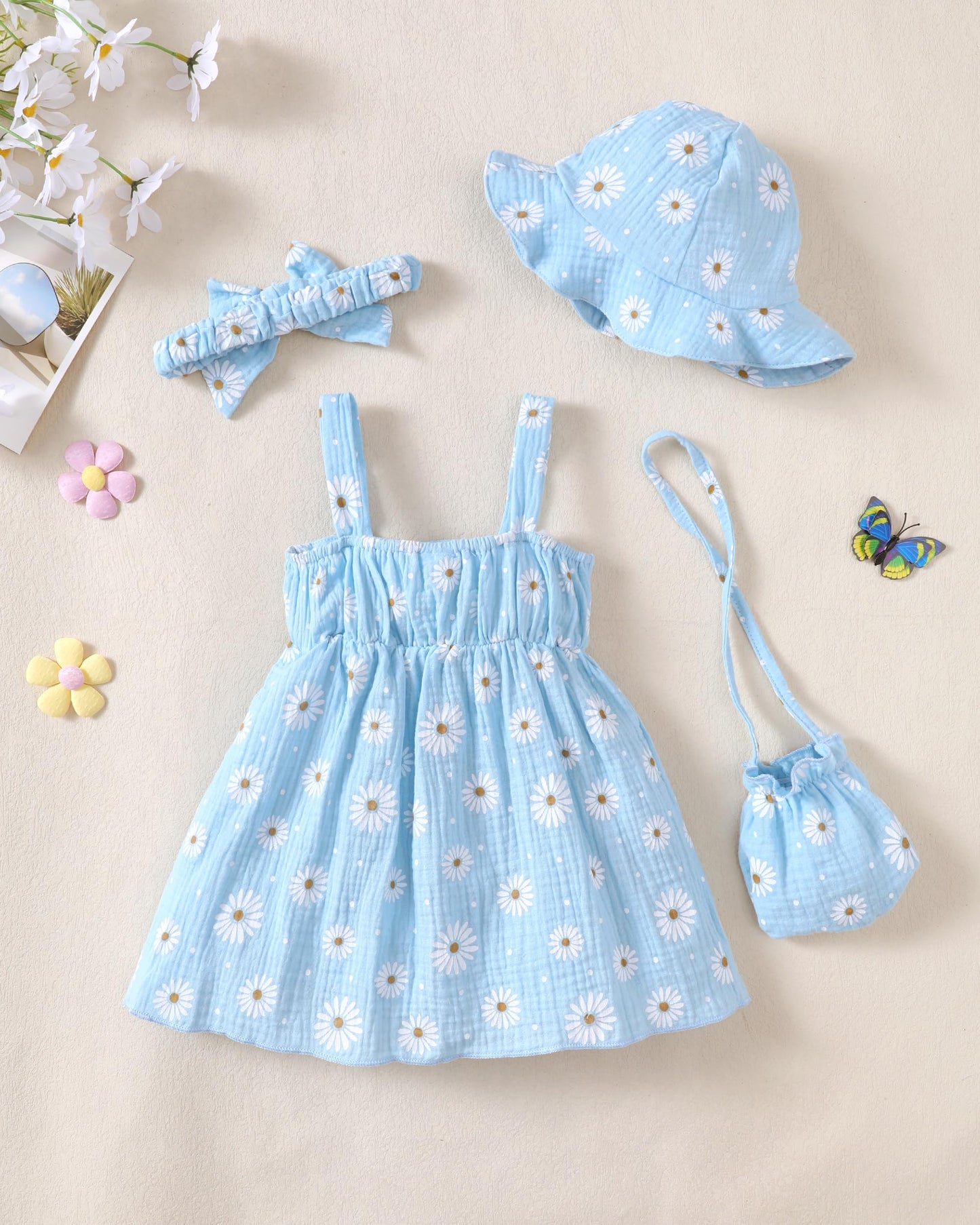 Toddler Girl Summer Dress Infant Baby Girl Casual Clothes Sleeveless Bowknot Beach Sundress with Hat