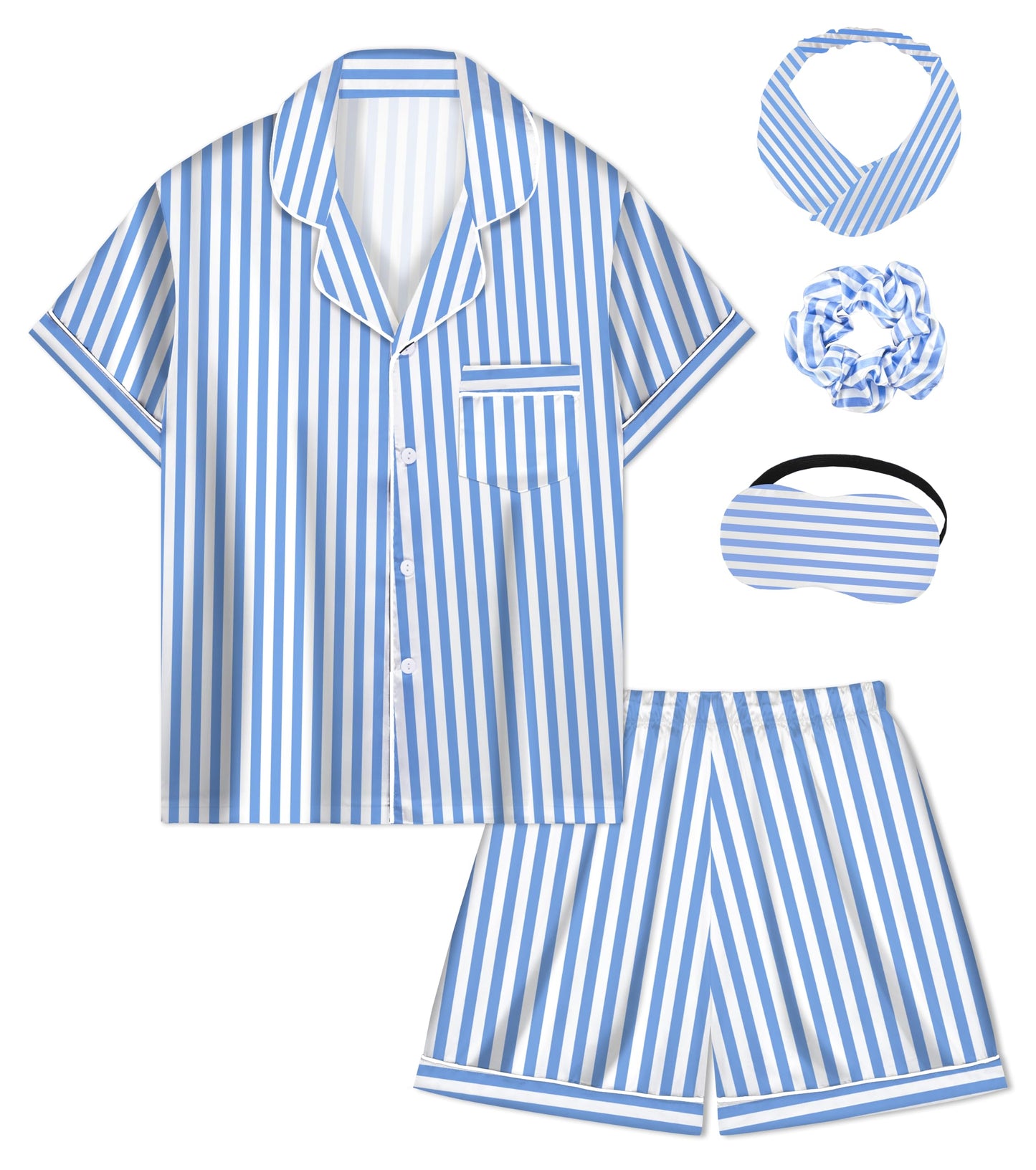Kids Girl Pajama Set with Headband Blindfold Hair Tie Toddler Boy Girl Satin Silky Button-up Pajama Sleepwear