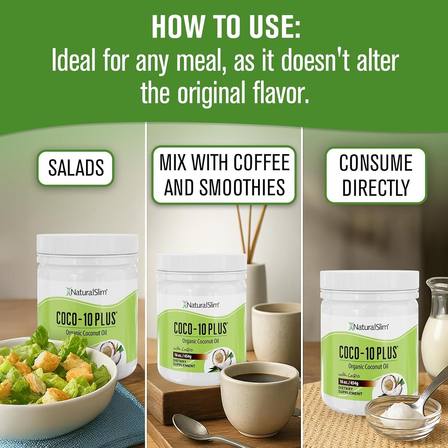 NaturalSlim Coconut Oil with CoQ10 - MCT Oil Organic Coconut Oil for Baking, Mixing with Shake, Smoothies, Coffee, or Ingest Directly - Boost Energy, Metabolism and Immune System Fresh Flavor