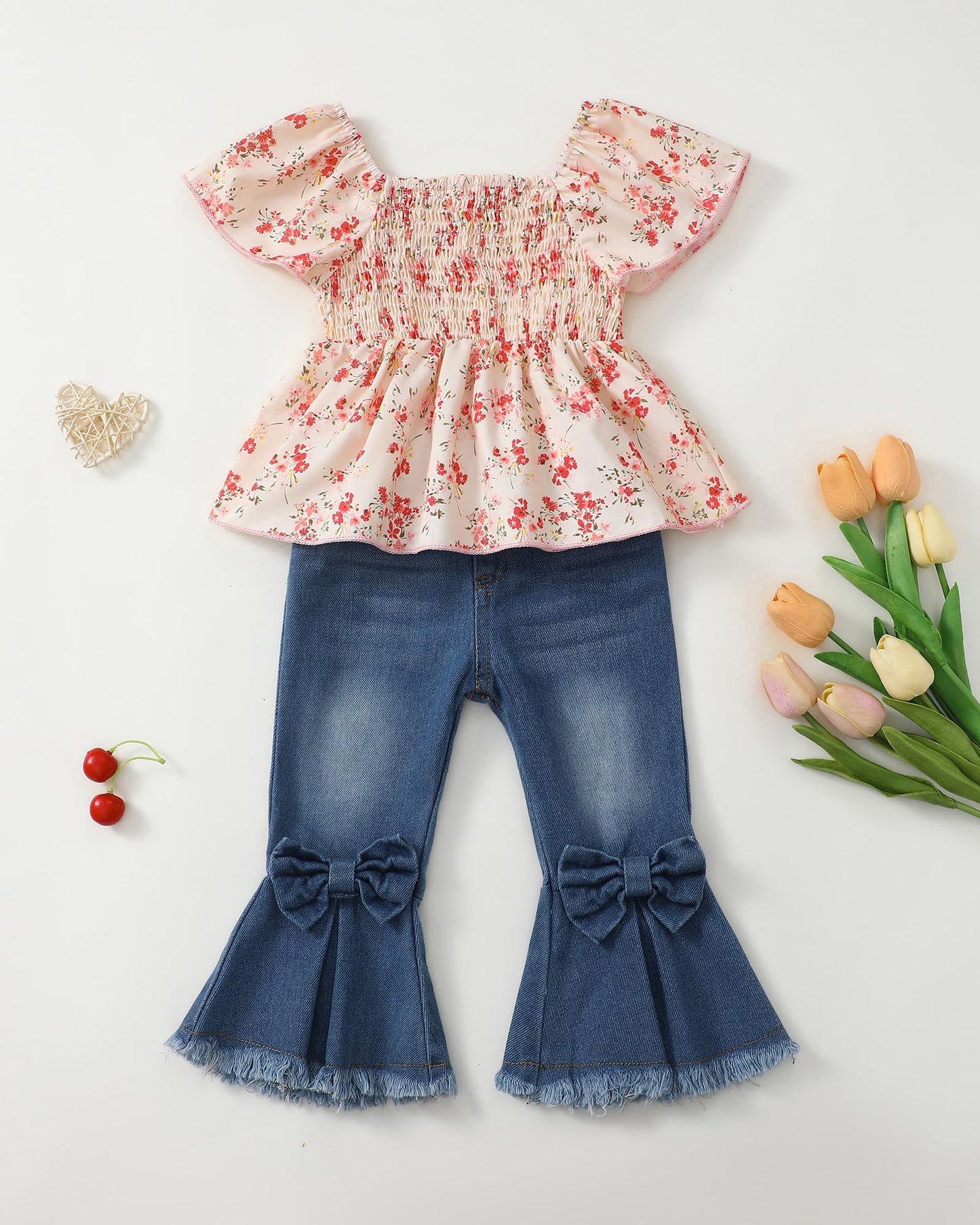Baby Girl Clothes Toddler Girl Outfits Kids Puff Sleeve Shirt Top Flare Denim Pants Jeans Clothing for Little Girls